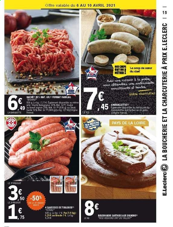 thumbnail - Catalogue E.Leclerc - 06/04/2021 - 17/04/2021 - Produits soldés - steak haché, viande hachée, boudin de viande, boudin noir, saucisse. Page 15.