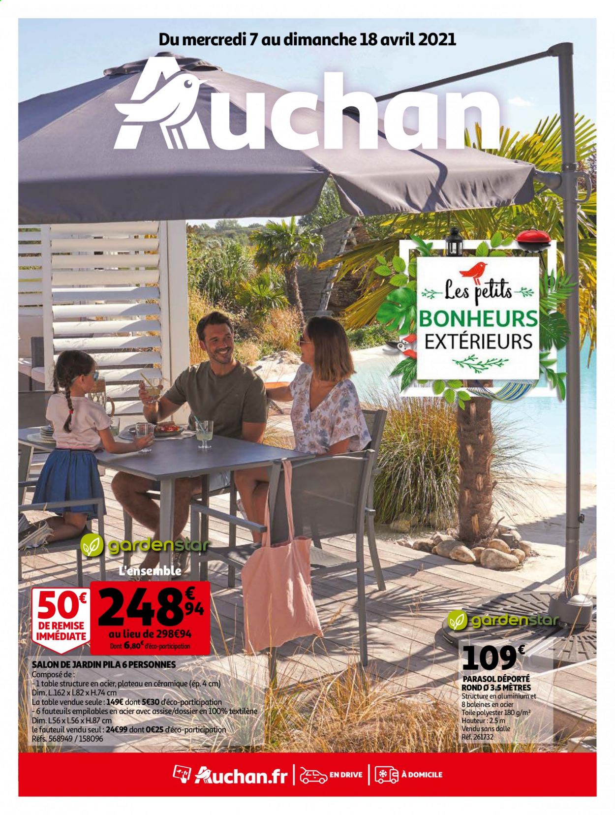 thumbnail - Catalogue Auchan - 07/04/2021 - 18/04/2021 - Produits soldés - table, fauteuil, salon de jardin, parasol, parasol déporté. Page 1.