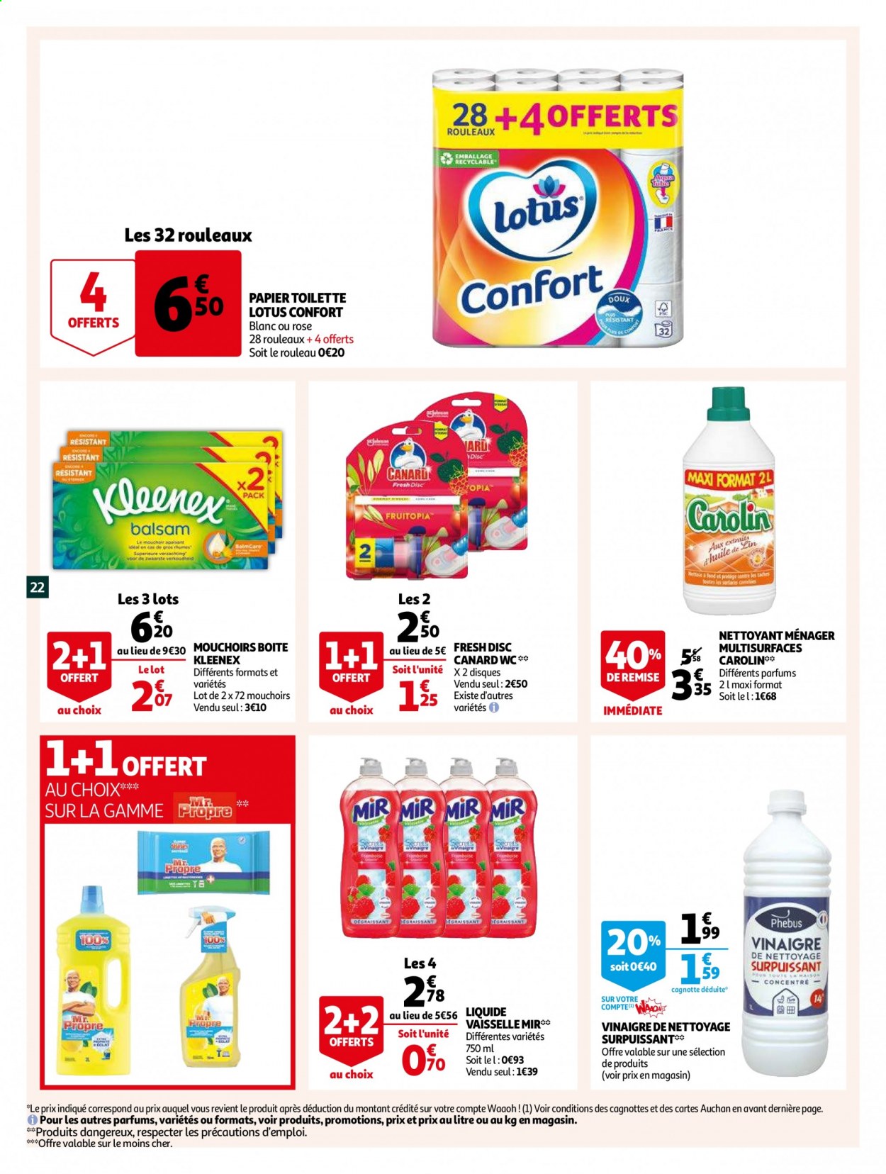 thumbnail - Catalogue Auchan - 06/04/2021 - 13/04/2021 - Produits soldés - Lotus, mouchoirs, papier toilette, wc disc, Mir, Mr. Propre, maison. Page 22.