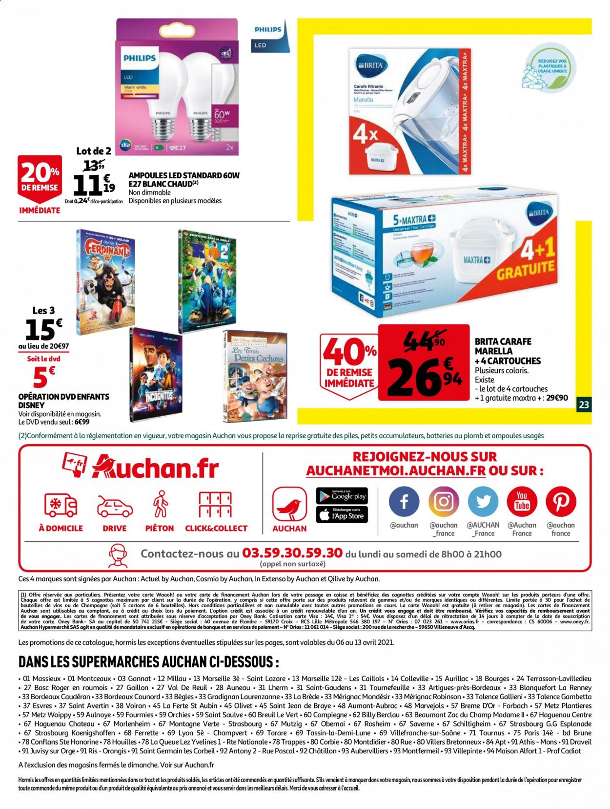 thumbnail - Catalogue Auchan - 06/04/2021 - 13/04/2021 - Produits soldés - Philips, Disney, Bordeaux, vin rouge, vin, carafe, Brita, carafe filtrante, DVD, maison. Page 23.