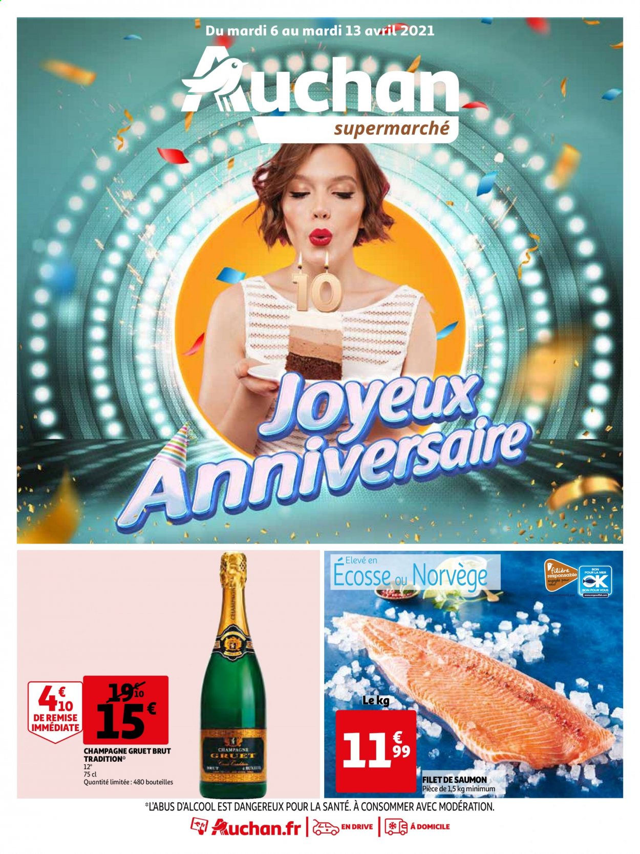 thumbnail - Catalogue Auchan - 06/04/2021 - 13/04/2021 - Produits soldés - saumon, pavés de saumon, champagne. Page 1.