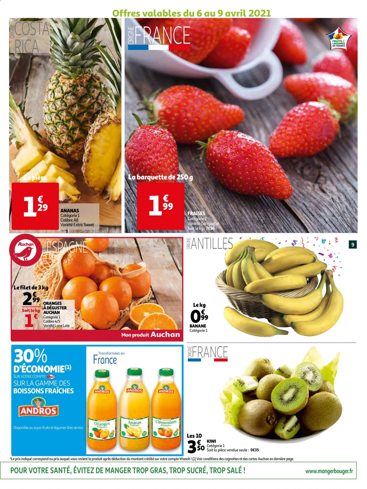 thumbnail - Catalogue Auchan - 06/04/2021 - 13/04/2021 - Produits soldés - kiwi, ananas, bananes, fraises, oranges. Page 9.