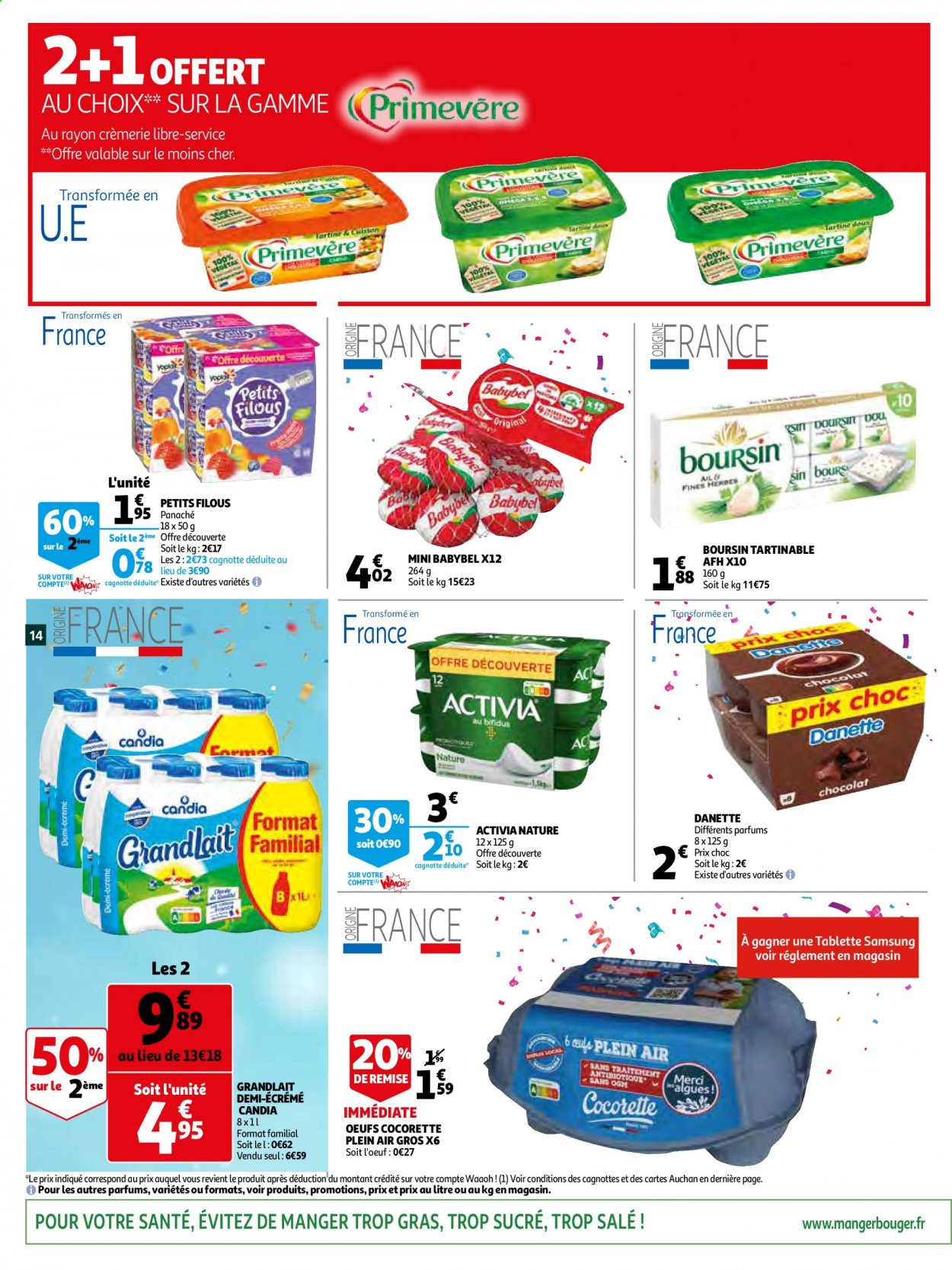 thumbnail - Catalogue Auchan - 06/04/2021 - 13/04/2021 - Produits soldés - Samsung, Babybel, Boursin, fromage, Activia, Danette, Petits Filous, Grandlait, Candia, œufs, tablette. Page 14.