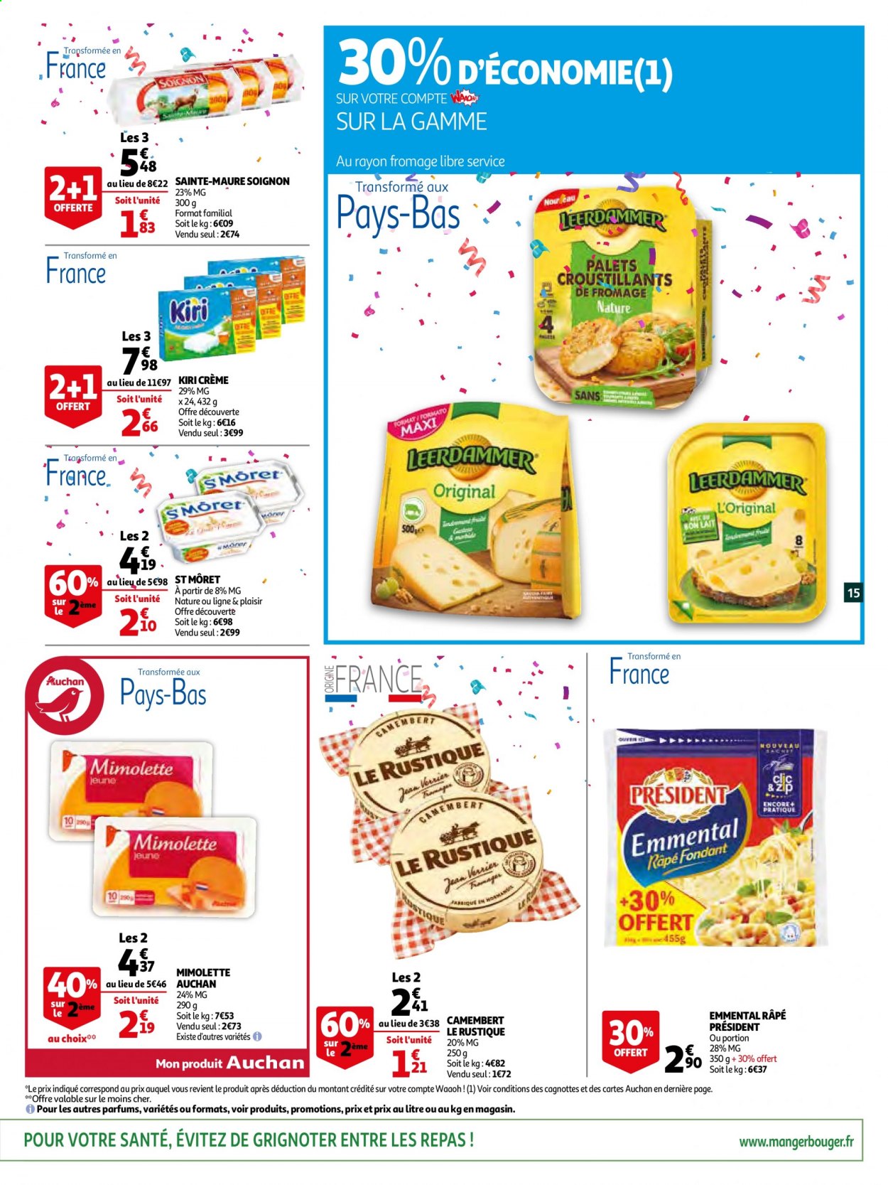 thumbnail - Catalogue Auchan - 06/04/2021 - 13/04/2021 - Produits soldés - emmental, camembert, fromage, Mimolette, fromage râpé, Président, Sainte-maure. Page 15.