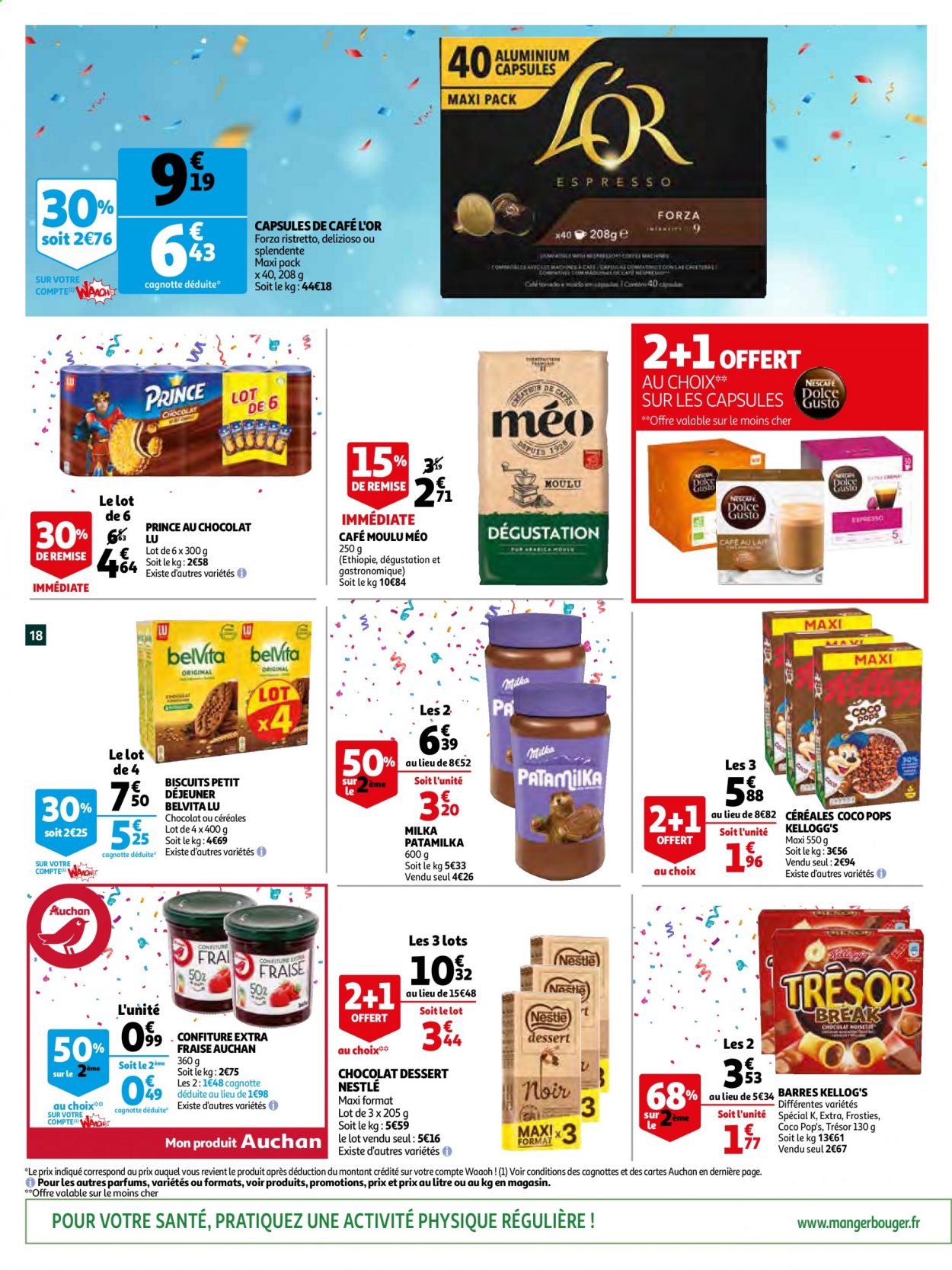 thumbnail - Catalogue Auchan - 06/04/2021 - 13/04/2021 - Produits soldés - dessert, Nestlé, Milka, biscuits, Kellogg's, LU, Coco Pops, confiture, café moulu, café capsules. Page 18.