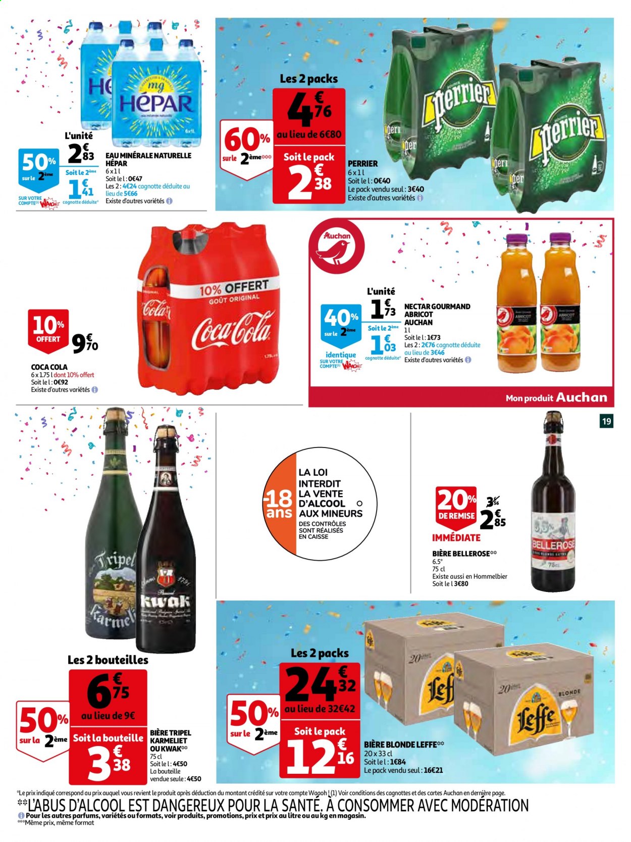 thumbnail - Catalogue Auchan - 06/04/2021 - 13/04/2021 - Produits soldés - Leffe, bière, bière blonde, Kwak, Coca-Cola, eau minérale, eau minérale naturelle, Perrier, Hépar. Page 19.