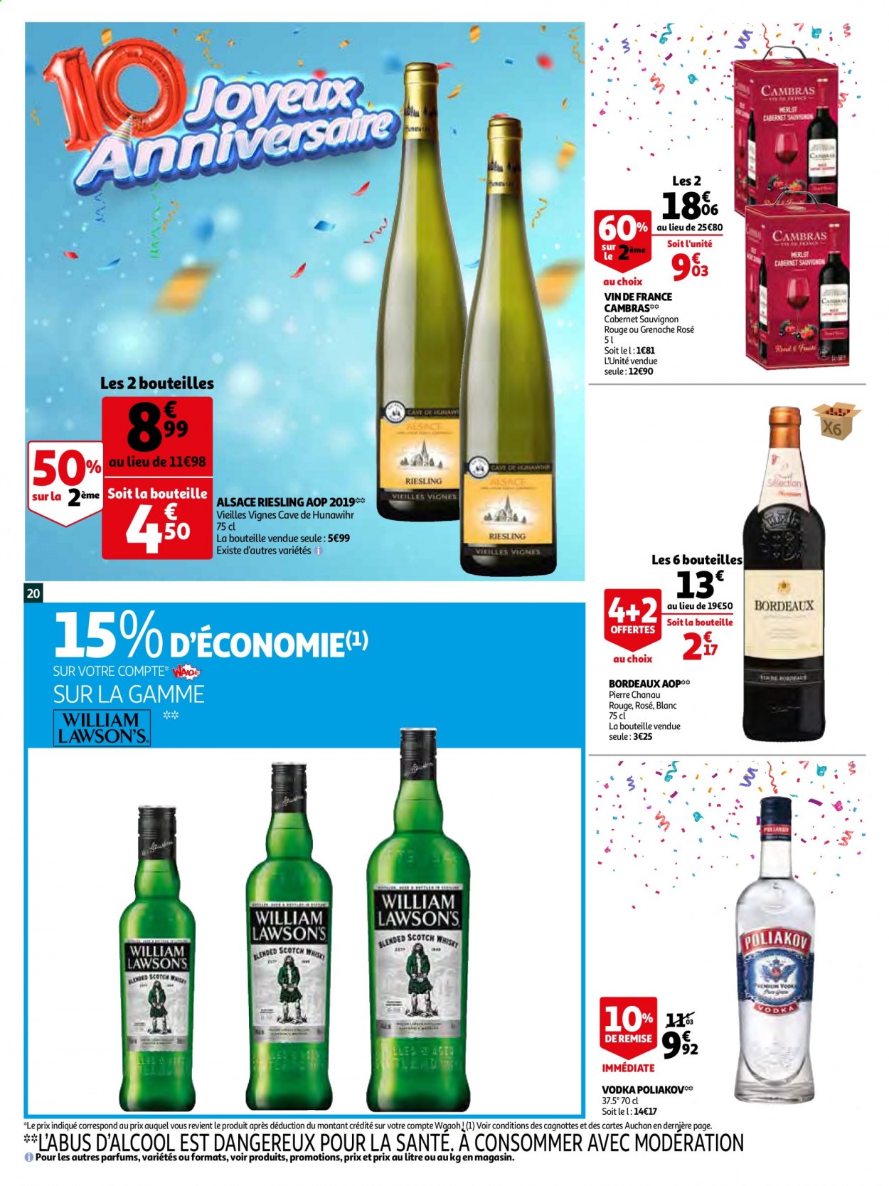 thumbnail - Catalogue Auchan - 06/04/2021 - 13/04/2021 - Produits soldés - Bordeaux, vin blanc, vin rouge, vin, Cabernet Sauvignon, Riesling, vodka, Poliakov. Page 20.
