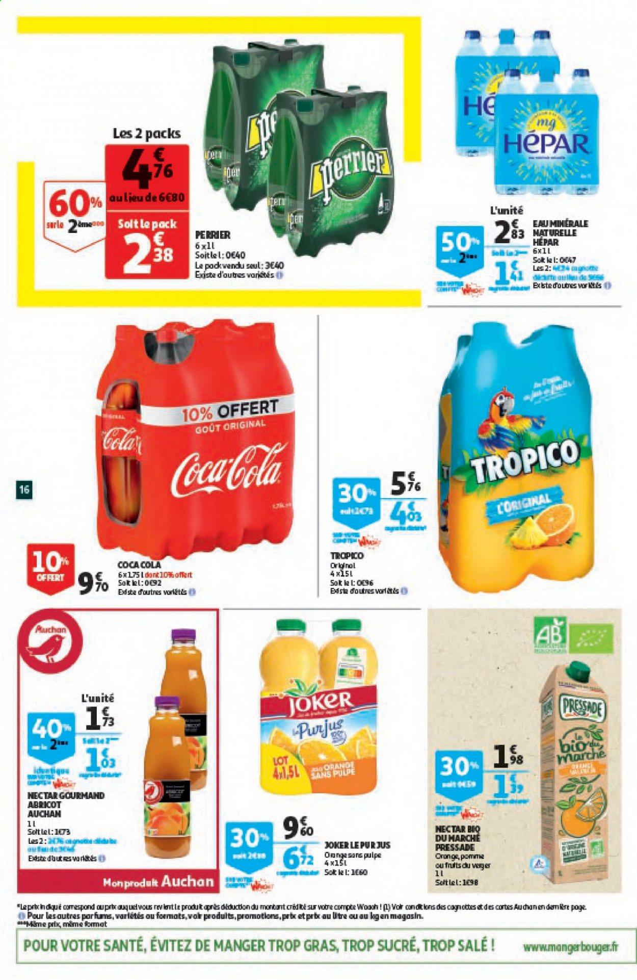 thumbnail - Catalogue Auchan - 06/04/2021 - 13/04/2021 - Produits soldés - pommes, abricots, Coca-Cola, Joker, Perrier, Hépar. Page 16.