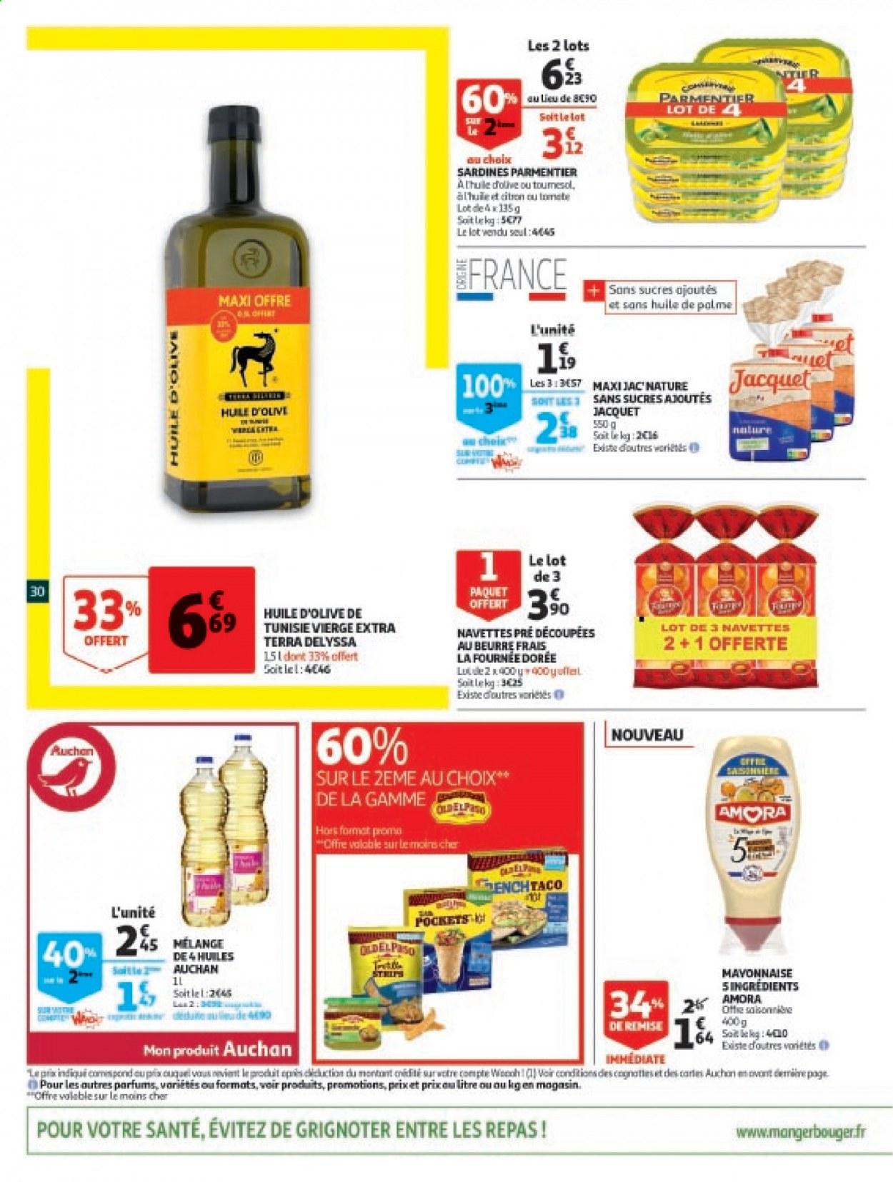 thumbnail - Catalogue Auchan - 06/04/2021 - 13/04/2021 - Produits soldés - La Fournée Dorée, sardines, mayonnaise, huile d'olive. Page 30.