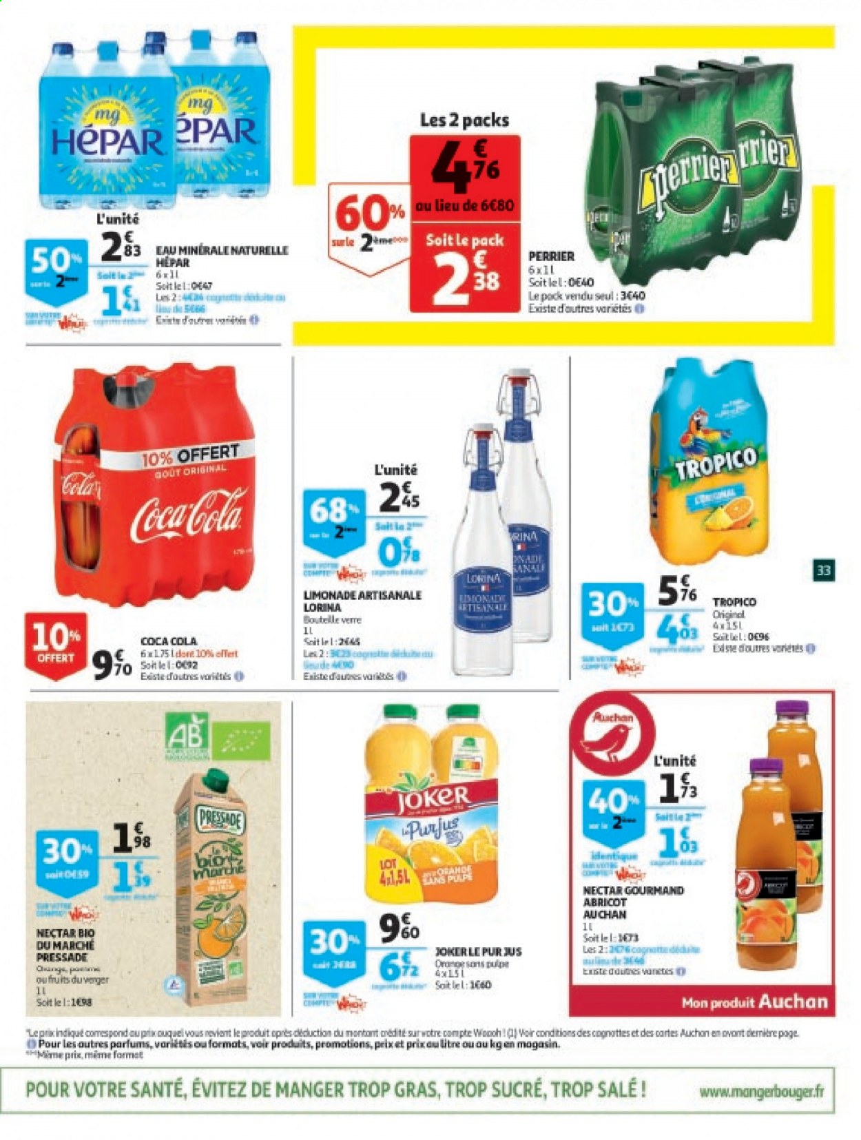 thumbnail - Catalogue Auchan - 06/04/2021 - 13/04/2021 - Produits soldés - jus, Coca-Cola, Joker, nectar, pur jus, limonade, Lorina, Perrier, Hépar, verre. Page 33.