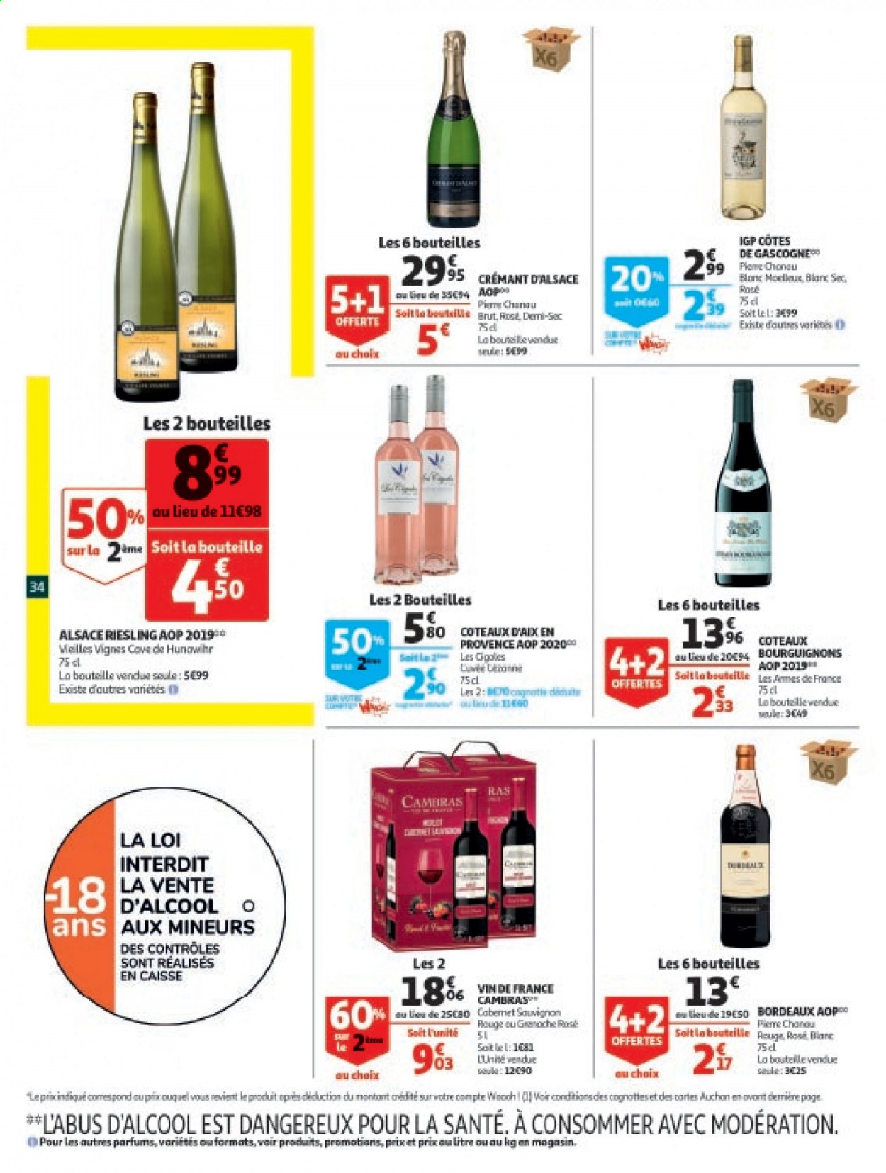 thumbnail - Catalogue Auchan - 06/04/2021 - 13/04/2021 - Produits soldés - Bordeaux, Crémant d’Alsace, champagne, vin blanc, vin rouge, vin, Riesling. Page 34.