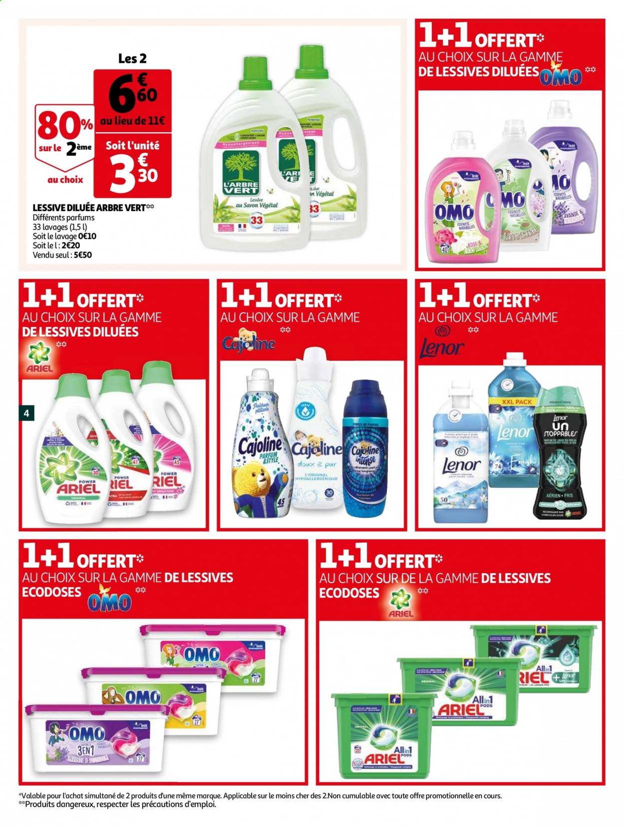 thumbnail - Catalogue Auchan - 06/04/2021 - 13/04/2021 - Produits soldés - L'Arbre Vert, Ariel, Lenor, lessive, Cajoline, tablettes de lavage, OMO, lavande. Page 4.