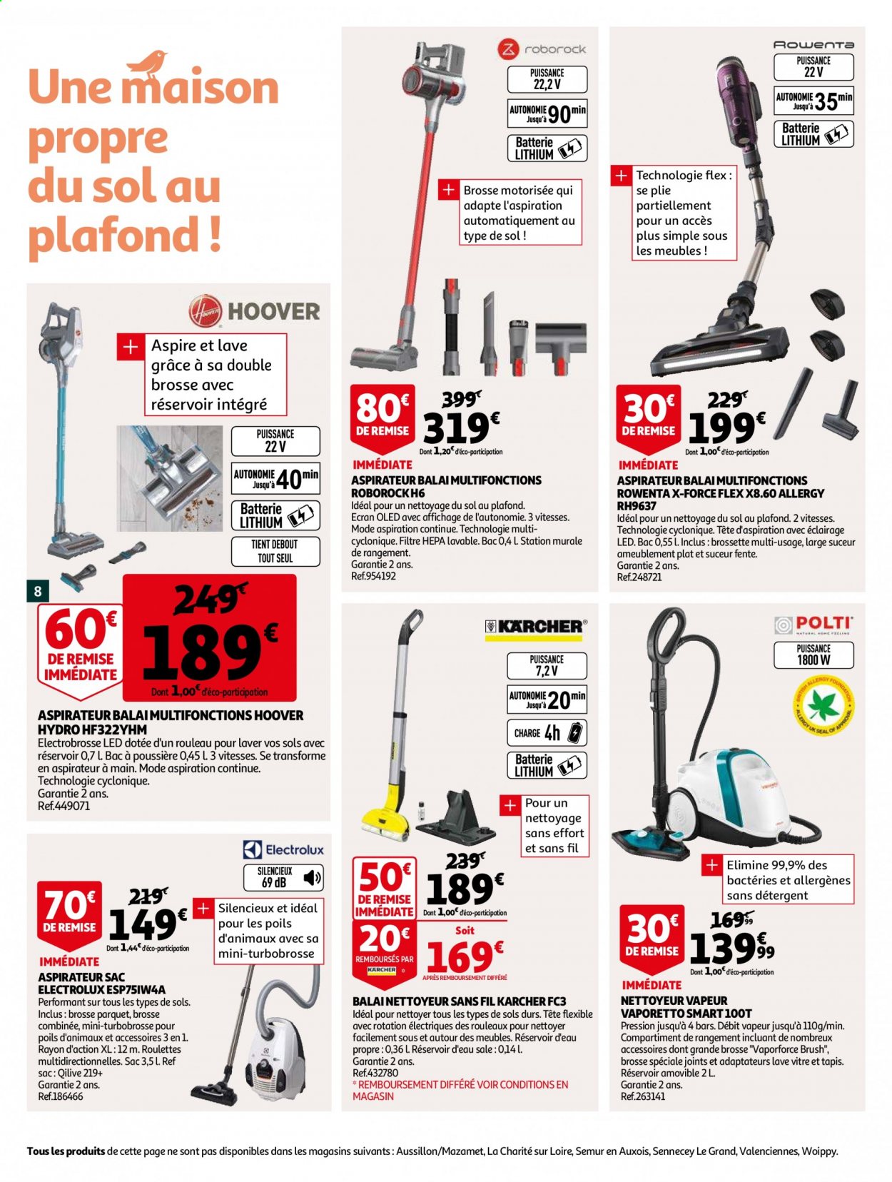 thumbnail - Catalogue Auchan - 06/04/2021 - 13/04/2021 - Produits soldés - Electrolux, sac, aspirateur, aspirateur balai, aspirateur sac, Kärcher, Rowenta, nettoyeur vapeur. Page 8.