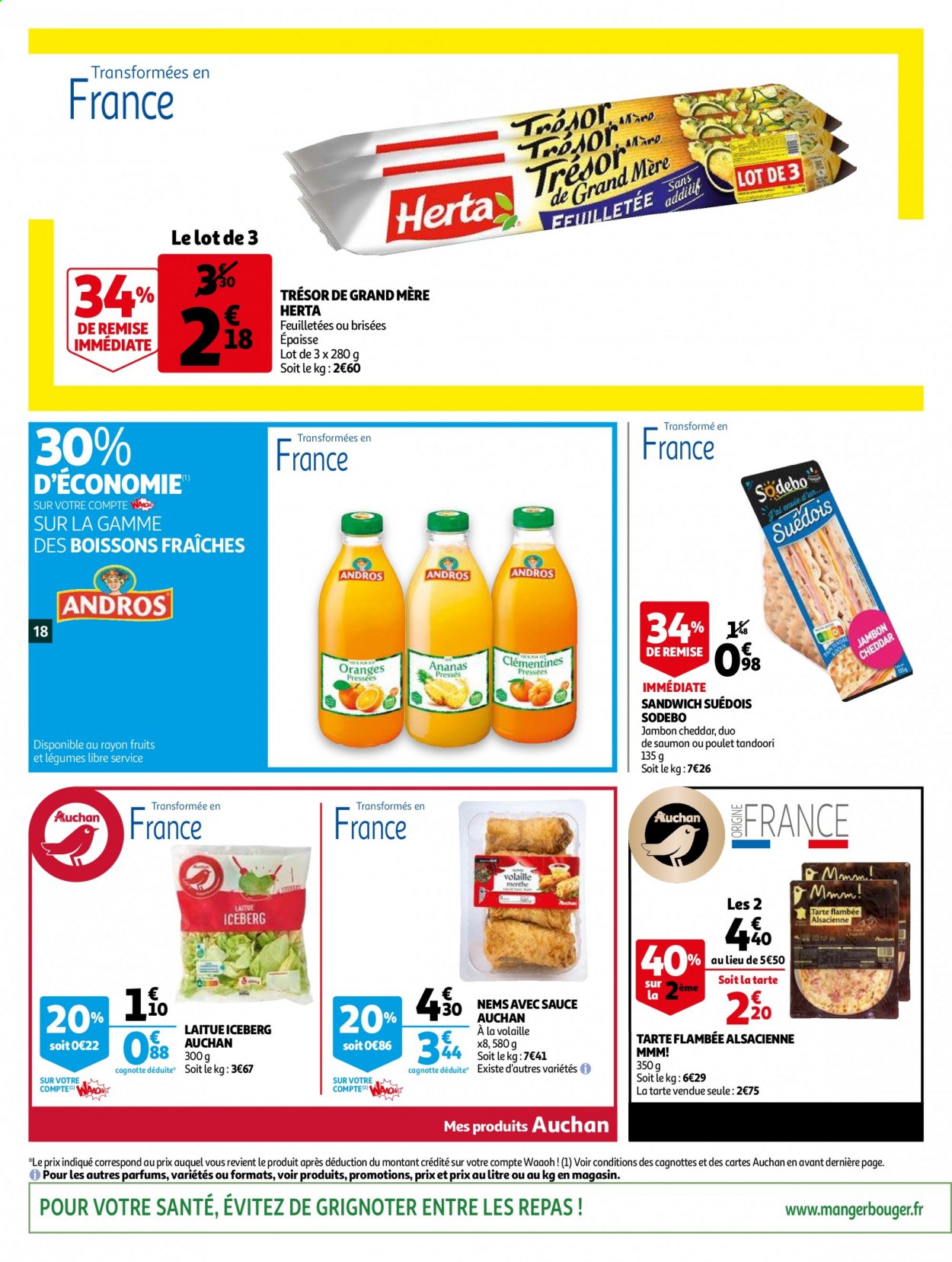 thumbnail - Catalogue Auchan - 06/04/2021 - 13/04/2021 - Produits soldés - iceberg, tarte, sandwich, Sodebo, Herta, nems, jambon. Page 18.