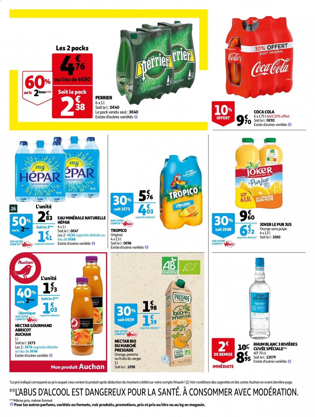 thumbnail - Catalogue Auchan - 06/04/2021 - 13/04/2021 - Produits soldés - jus, Coca-Cola, Joker, jus d'orange, nectar, pur jus, eau minérale, eau minérale naturelle, Perrier, Hépar, rhum, rhum blanc. Page 27.