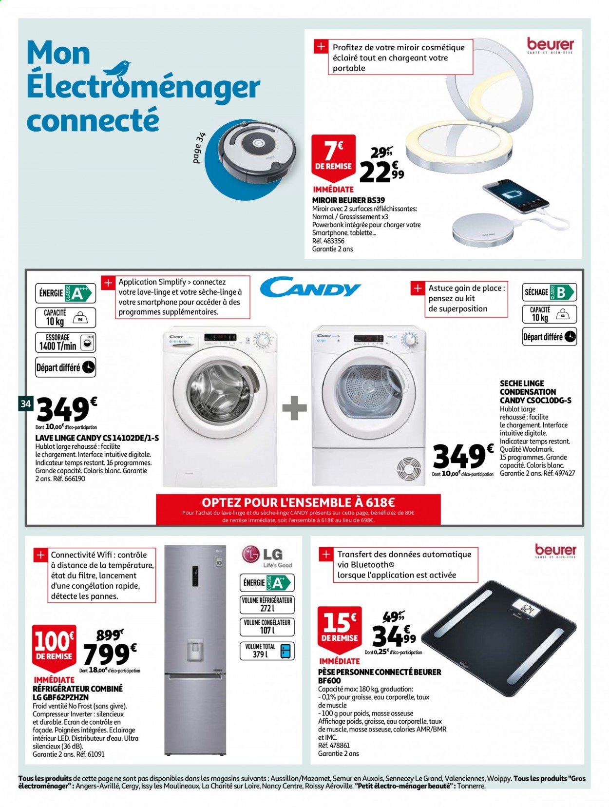 thumbnail - Catalogue Auchan - 06/04/2021 - 13/04/2021 - Produits soldés - Candy, LG, sèche-linge, batterie de secours, tablette, powerbank, réfrigérateur combiné, miroir. Page 36.