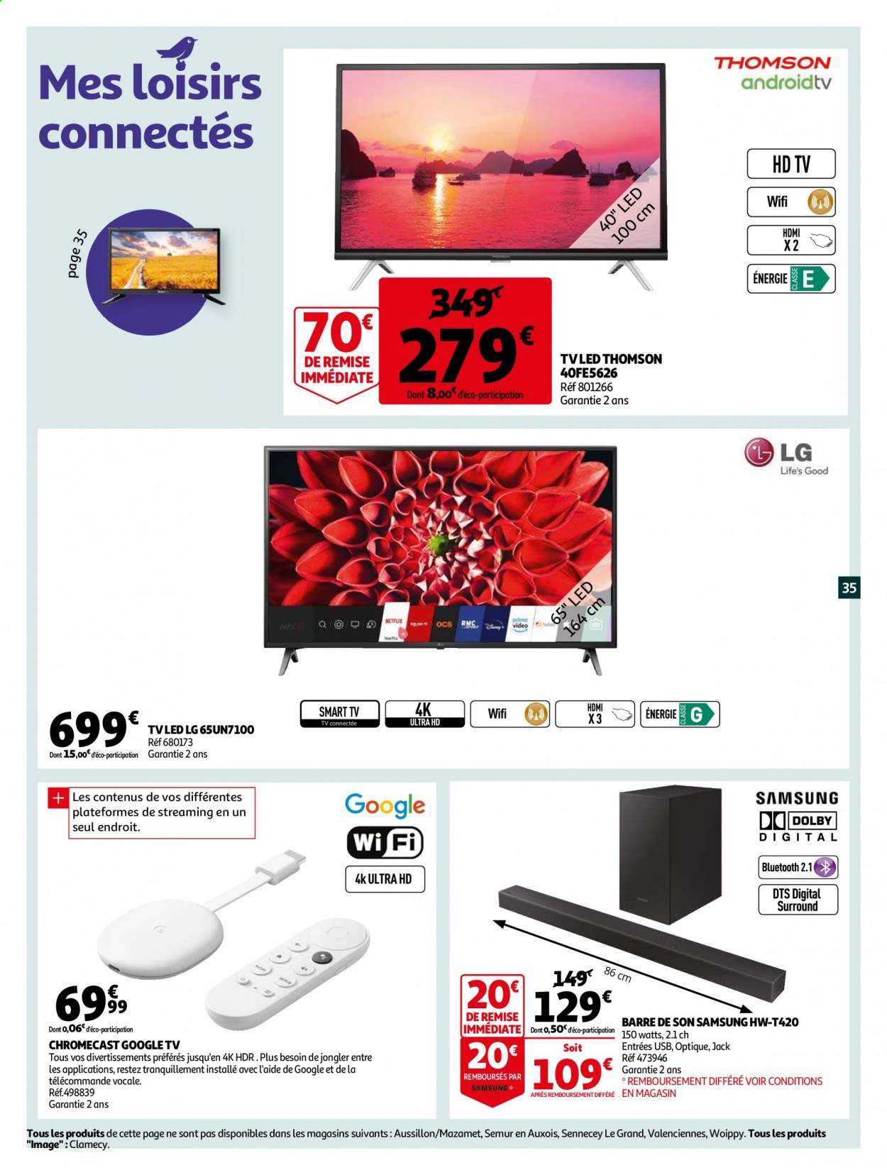 thumbnail - Catalogue Auchan - 06/04/2021 - 13/04/2021 - Produits soldés - Thomson, Samsung, LG, téléviseur, téléviseur LED, smart tv, barre de son. Page 37.