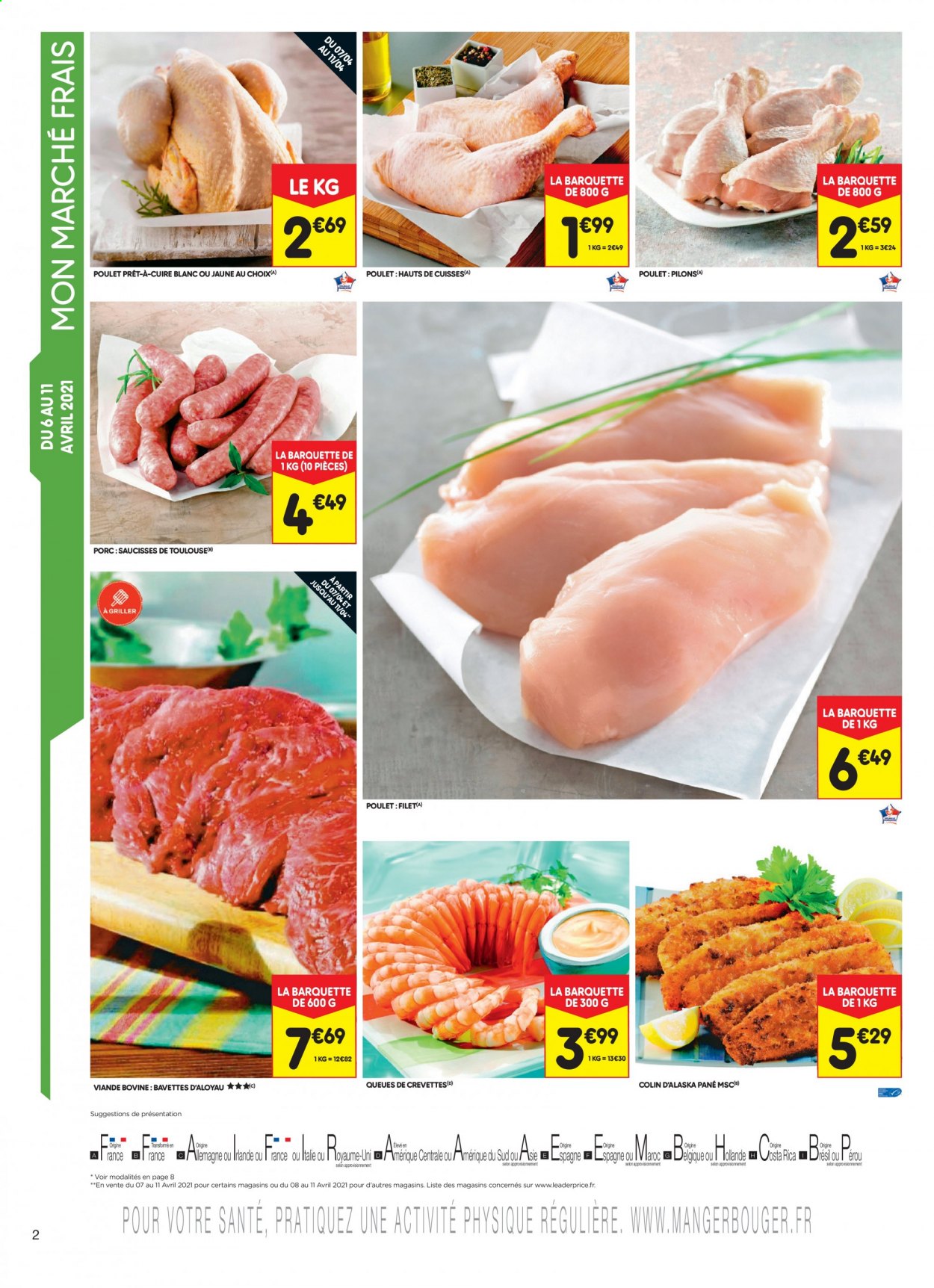 thumbnail - Catalogue Leader Price - 06/04/2021 - 18/04/2021 - Produits soldés - poulet, filet de poulet, colin, crevettes, saucisse. Page 2.