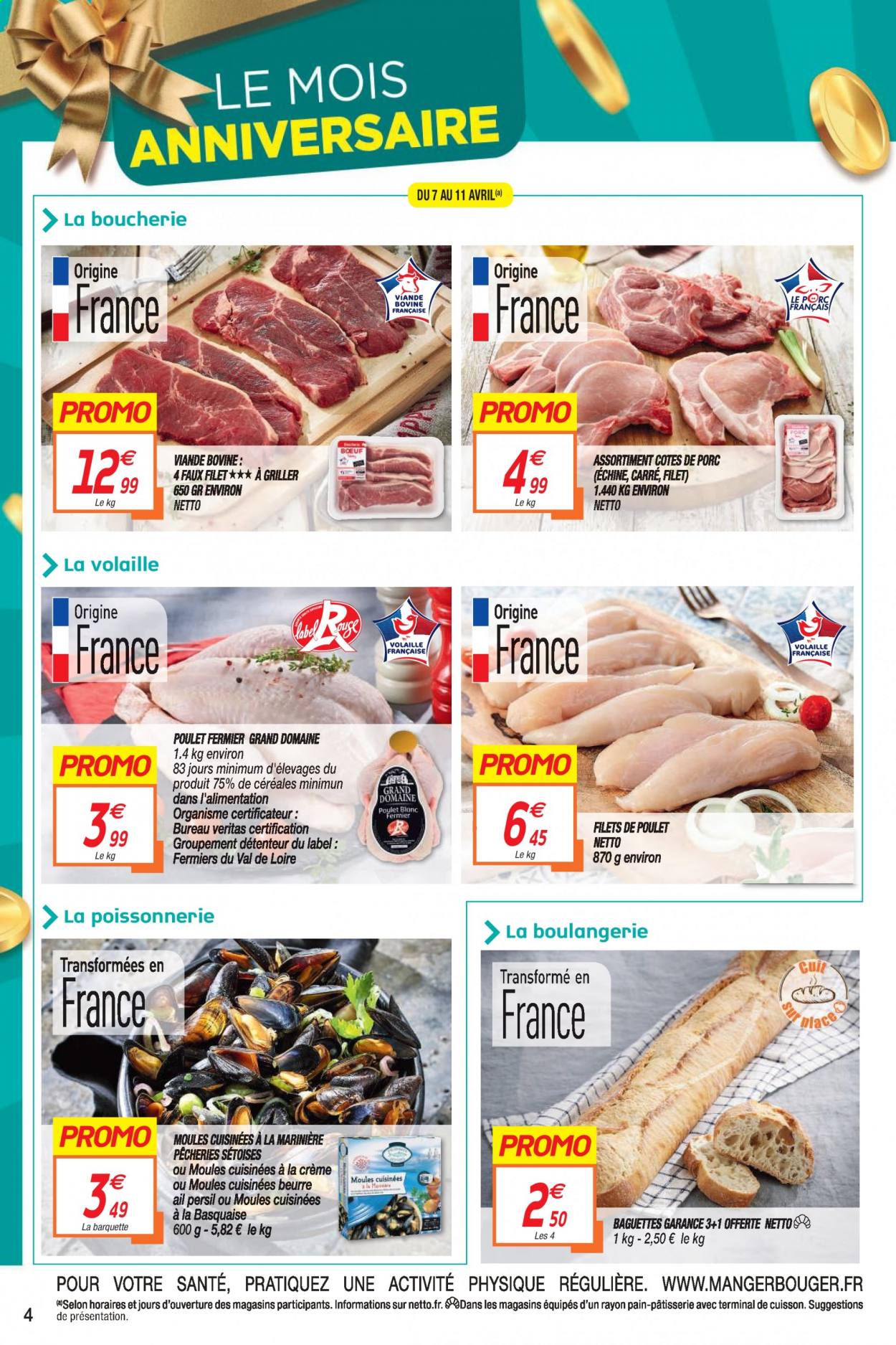 thumbnail - Catalogue Netto - 07/04/2021 - 18/04/2021 - Produits soldés - côtes de porc, viande de porc, baguette, filet de poulet, viande de poulet, moules, beurre, persil. Page 4.