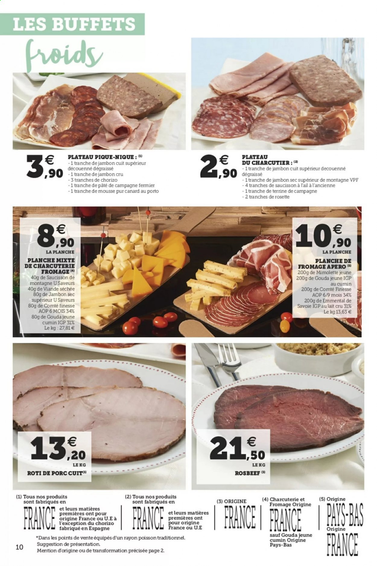 thumbnail - Catalogue Magasins U - 06/04/2021 - 03/10/2021 - Produits soldés - rôti de porc, viande de porc, canard, chorizo, jambon sec, rosette, viande séchée, saucisson, terrine, emmental. Page 10.