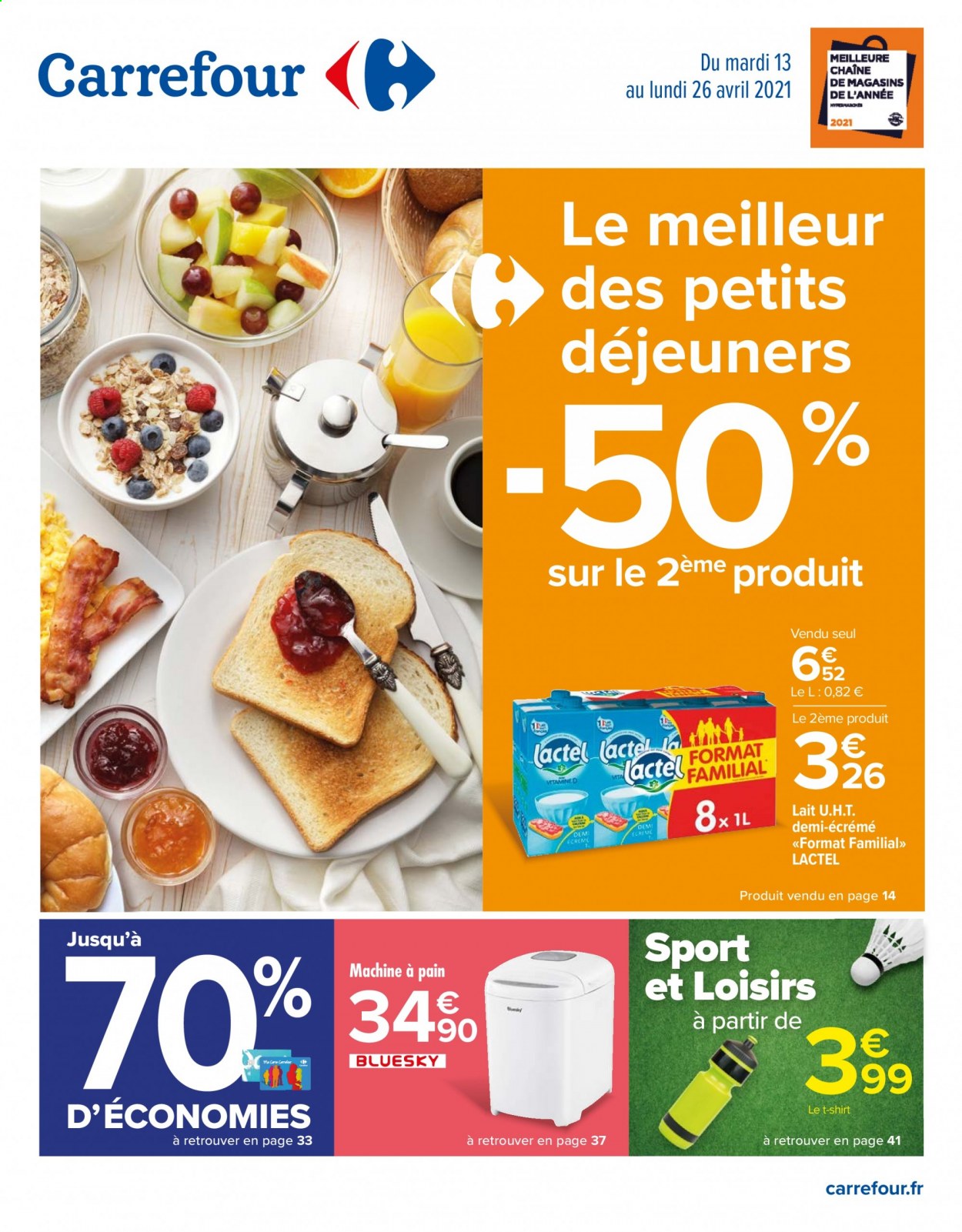 thumbnail - Catalogue Carrefour Hypermarchés - 13/04/2021 - 26/04/2021 - Produits soldés - Lactel, lait, machine à pain, t-shirt. Page 1.