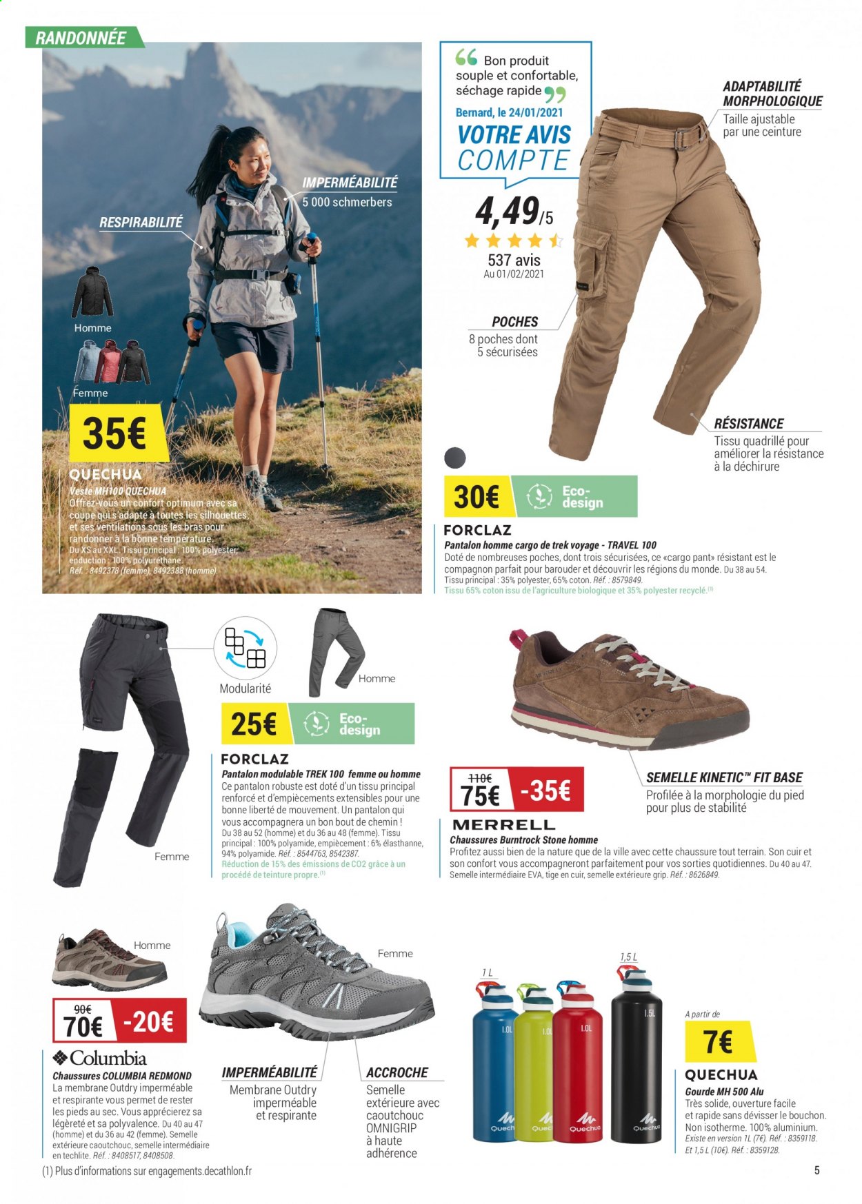 thumbnail - Catalogue Decathlon - 31/03/2021 - 09/05/2021 - Produits soldés - Columbia, chaussure, gourde, Quechua, veste, pantalon, ceinture. Page 5.