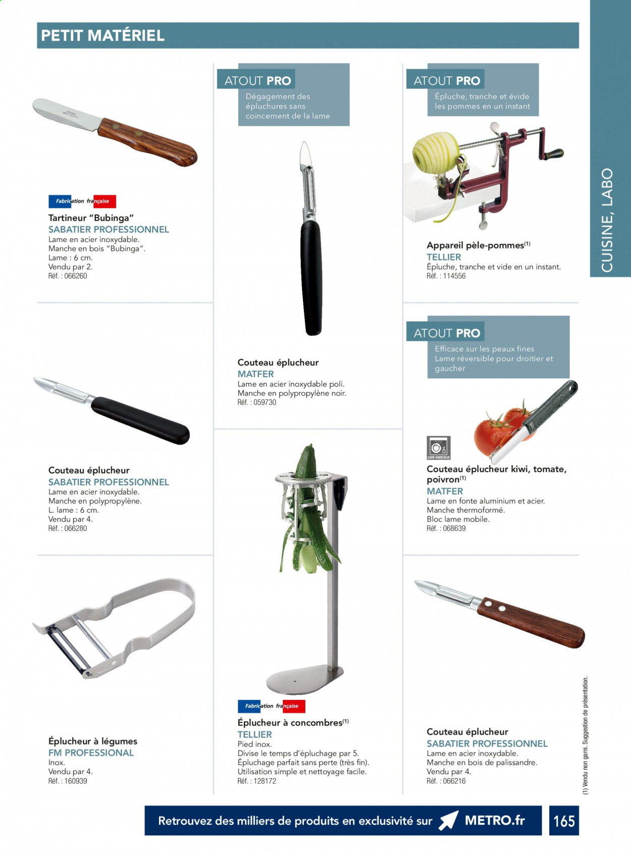 thumbnail - Catalogue Metro - Produits soldés - pommes, kiwi, concombre, poivrons, couteau, éplucheur. Page 165.