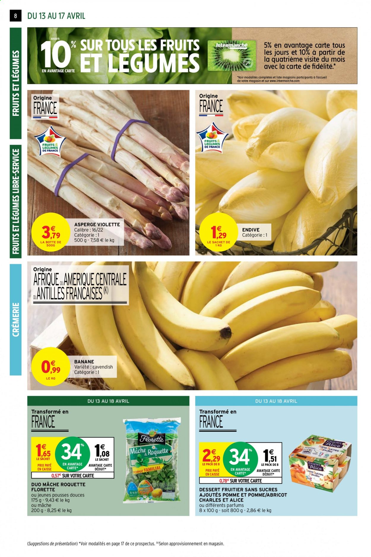 thumbnail - Catalogue Intermarché Contact - 13/04/2021 - 18/04/2021 - Produits soldés - bananes, asperge, endives, mâche, roquette, jeune pousse, dessert. Page 8.