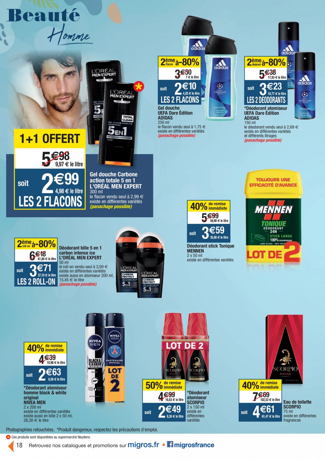 thumbnail - Catalogue Migros France - 13/04/2021 - 25/04/2021 - Produits soldés - Adidas, Nivea, L'Oréal, gel douche, déodorant, desodorisant, eau de toilette. Page 18.