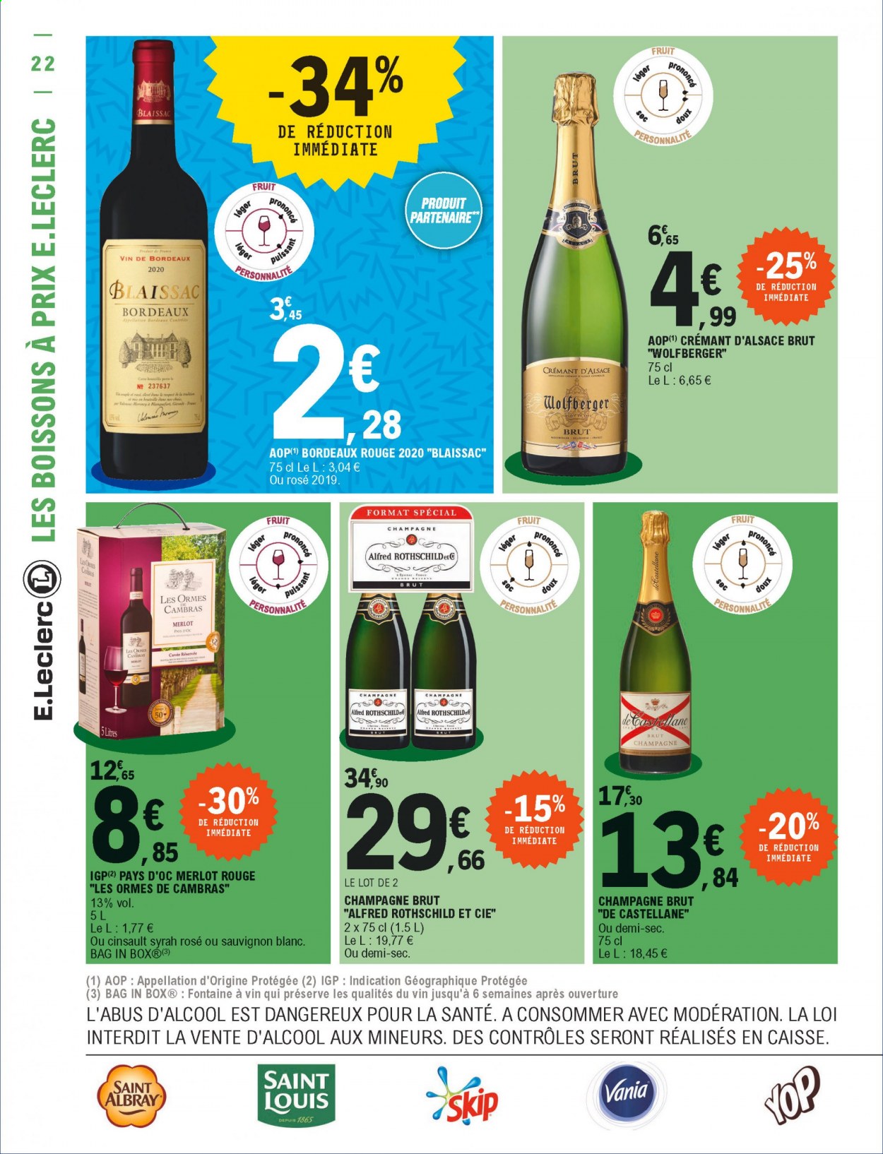 thumbnail - Catalogue E.Leclerc - 13/04/2021 - 24/04/2021 - Produits soldés - Saint Albray, Bordeaux, Crémant d’Alsace, champagne, vin blanc, Sauvignon Blanc, Cabernet Sauvignon, Skip. Page 22.