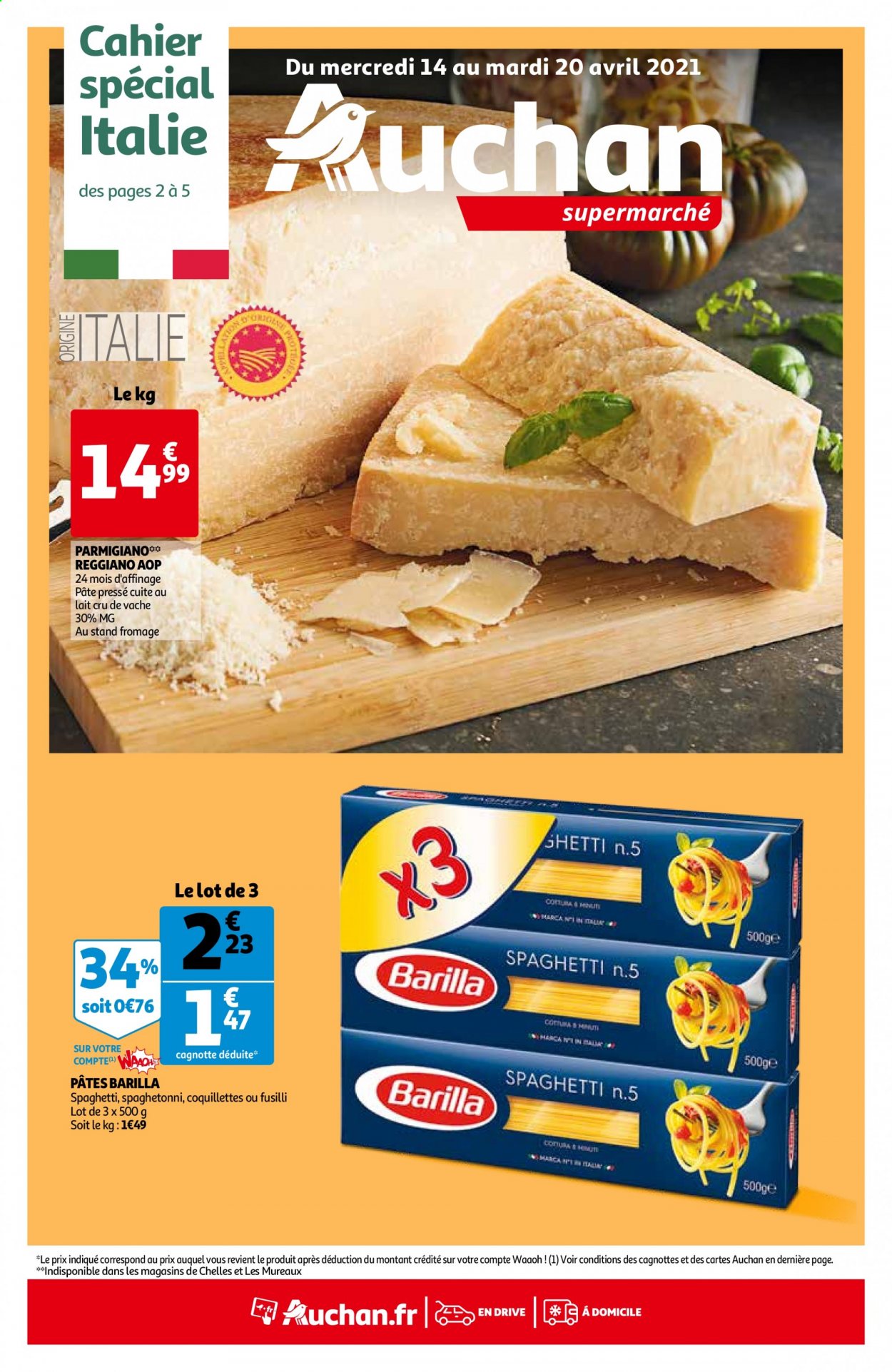 thumbnail - Catalogue Auchan - 14/04/2021 - 20/04/2021 - Produits soldés - fromage, parmesan, Barilla, pâtes, cahier. Page 1.
