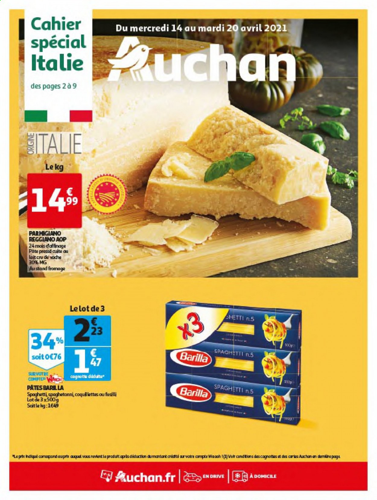thumbnail - Catalogue Auchan - 14/04/2021 - 20/04/2021 - Produits soldés - fromage, Barilla, pâtes, cahier. Page 1.