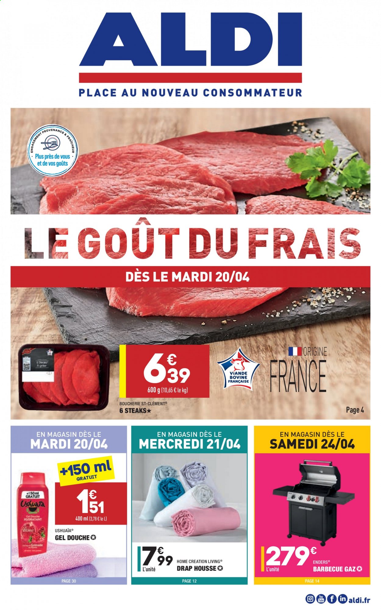 thumbnail - Catalogue ALDI - 20/04/2021 - 26/04/2021 - Produits soldés - steak, gel douche, drap, barbecue. Page 1.