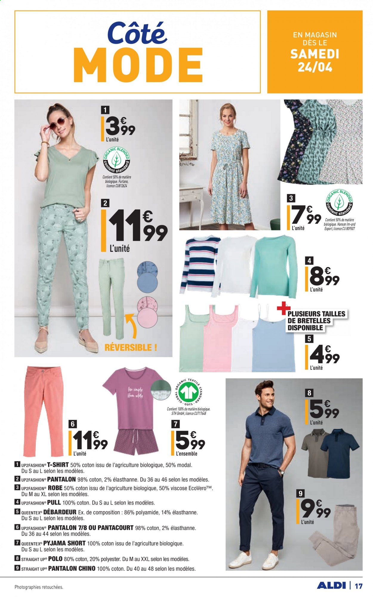 thumbnail - Catalogue ALDI - 20/04/2021 - 26/04/2021 - Produits soldés - shorts, pantalon, pantacourt, robe, débardeur, t-shirt, pull, pyjama. Page 17.