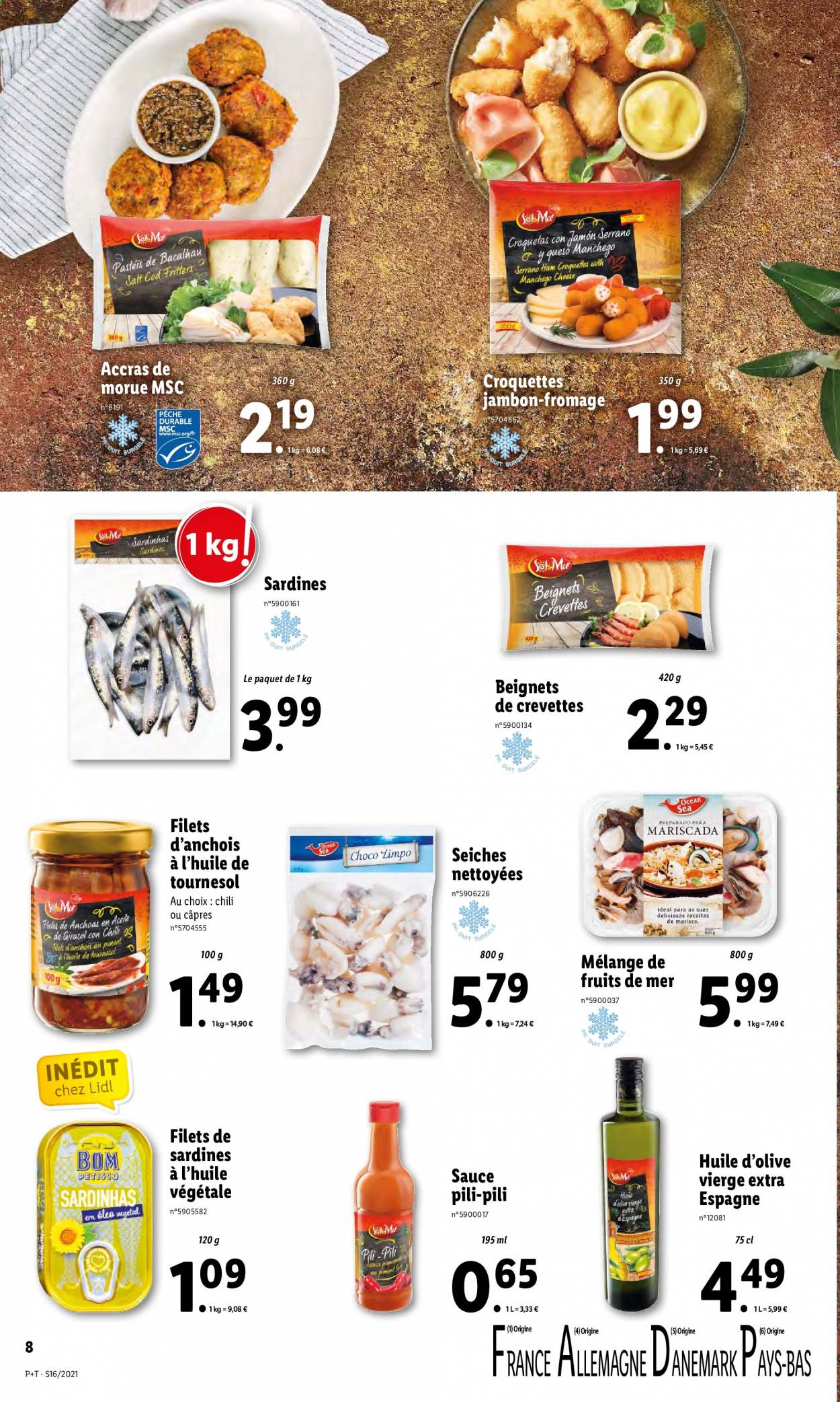 thumbnail - Catalogue Lidl - 21/04/2021 - 27/04/2021 - Produits soldés - crevettes, sardines, accras de morue, jambon, jambon sec, fromage, Manchego, croquettes, anchois, huile d'olive vierge extra, huile d'olive. Page 10.