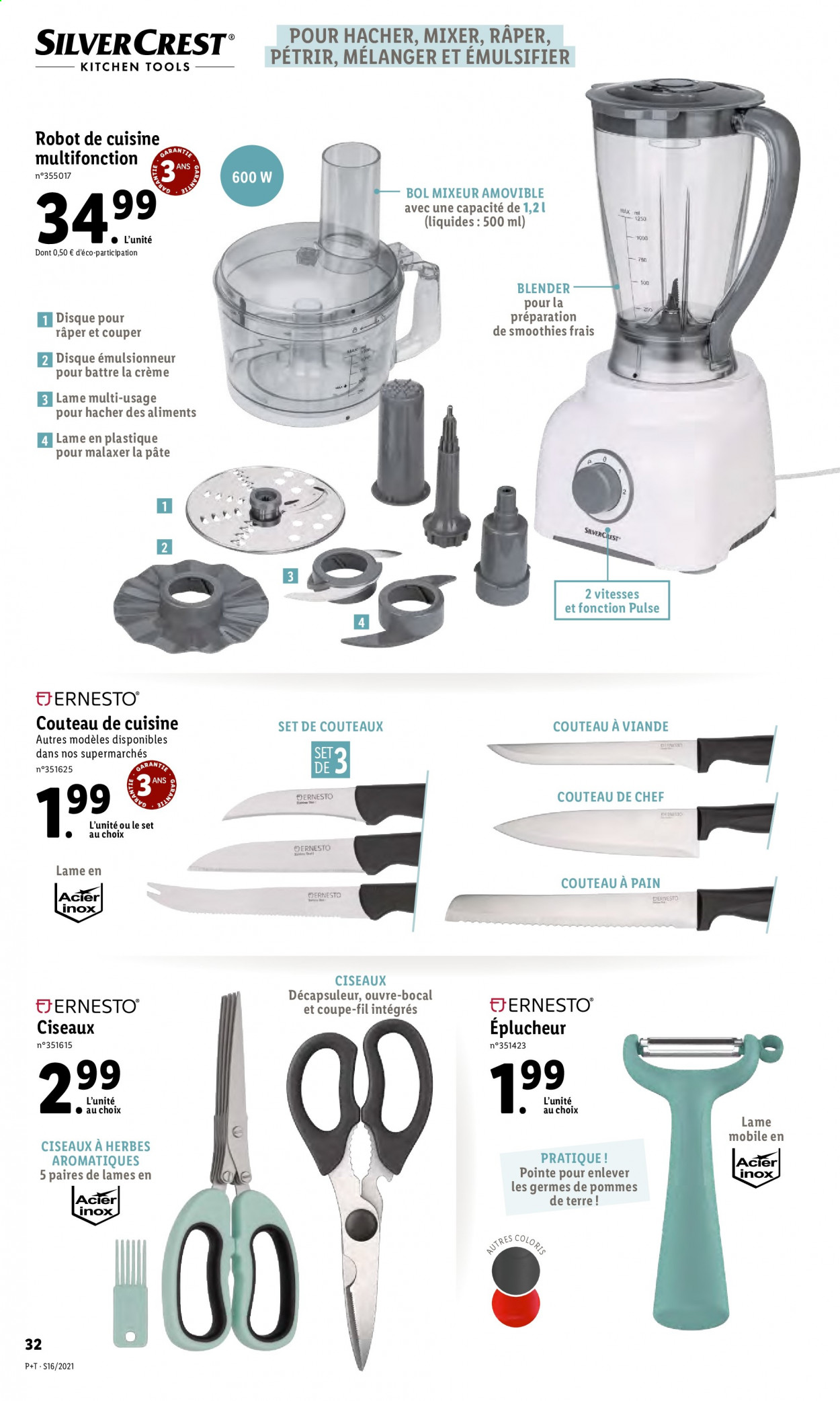 thumbnail - Catalogue Lidl - 21/04/2021 - 27/04/2021 - Produits soldés - couteau de cuisine, ouvre bocal, éplucheur, bocal, blender, robot de cuisine, mixeur. Page 34.