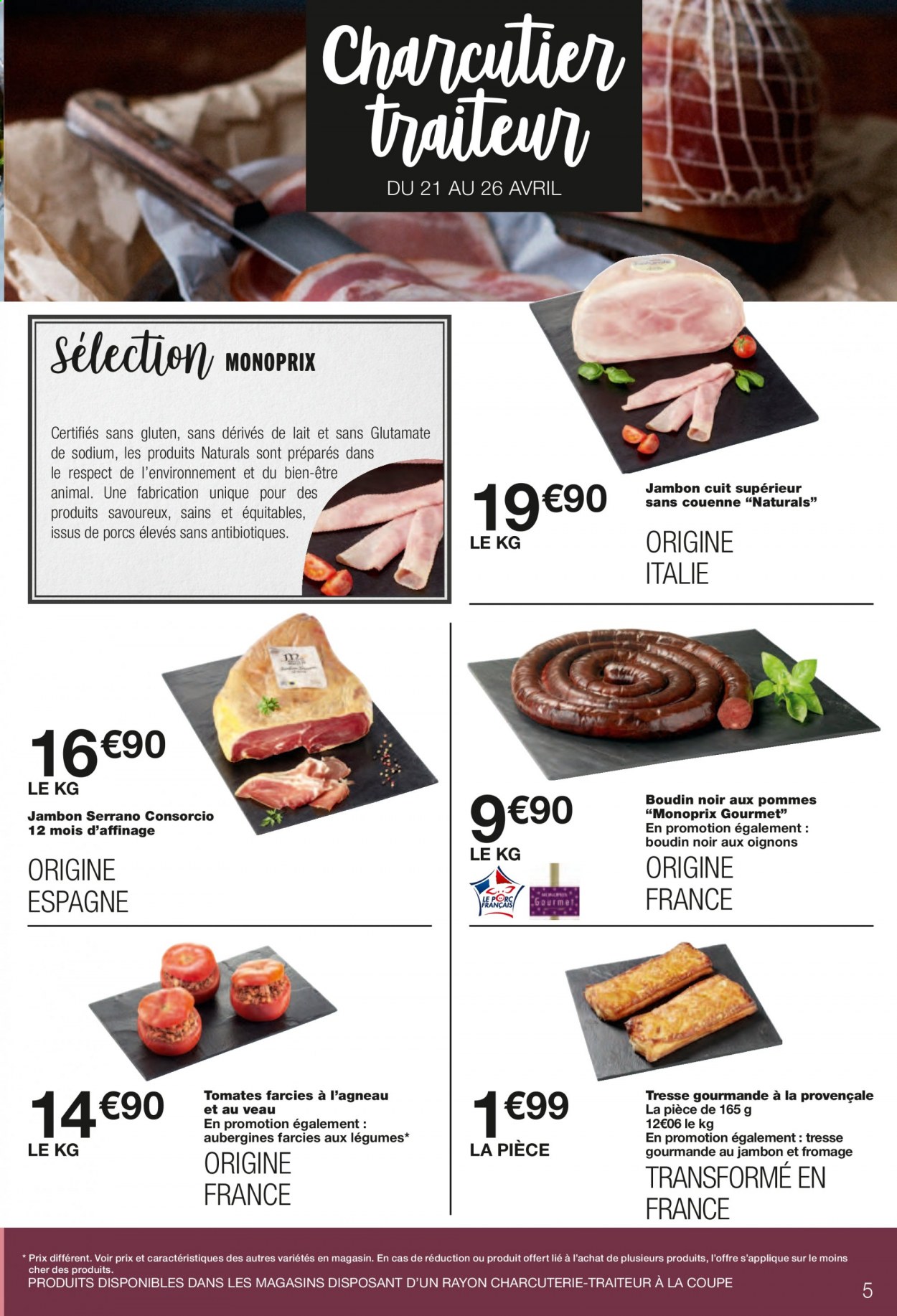 thumbnail - Catalogue Monoprix - 21/04/2021 - 02/05/2021 - Produits soldés - escalope, filet mignon, échalotes, tomate farcie, boudin de viande, boudin noir, vin rouge. Page 5.