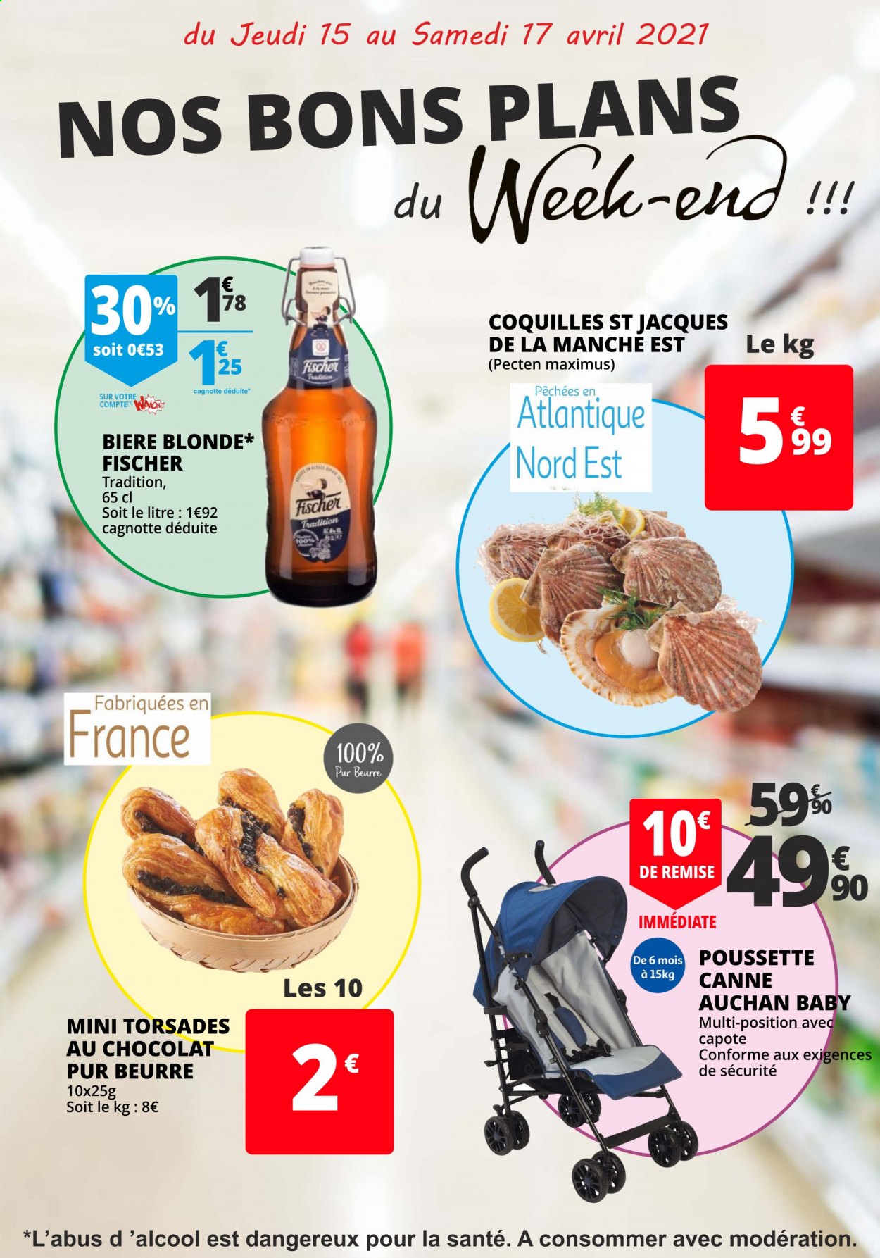 thumbnail - Catalogue Auchan - 15/04/2021 - 17/04/2021 - Produits soldés - bière, bière blonde, alcool, poussette. Page 1.