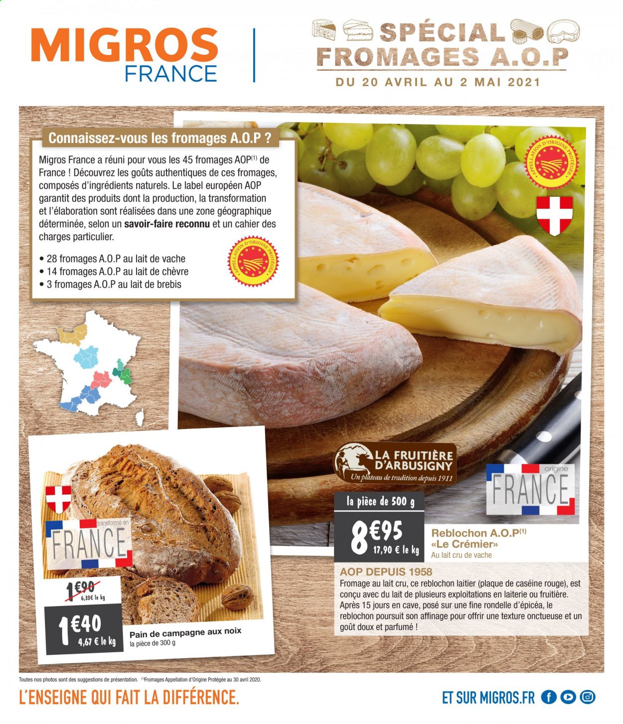thumbnail - Catalogue Migros France - 20/04/2021 - 02/05/2021 - Produits soldés - pain, fromage, Reblochon, cahier. Page 1.