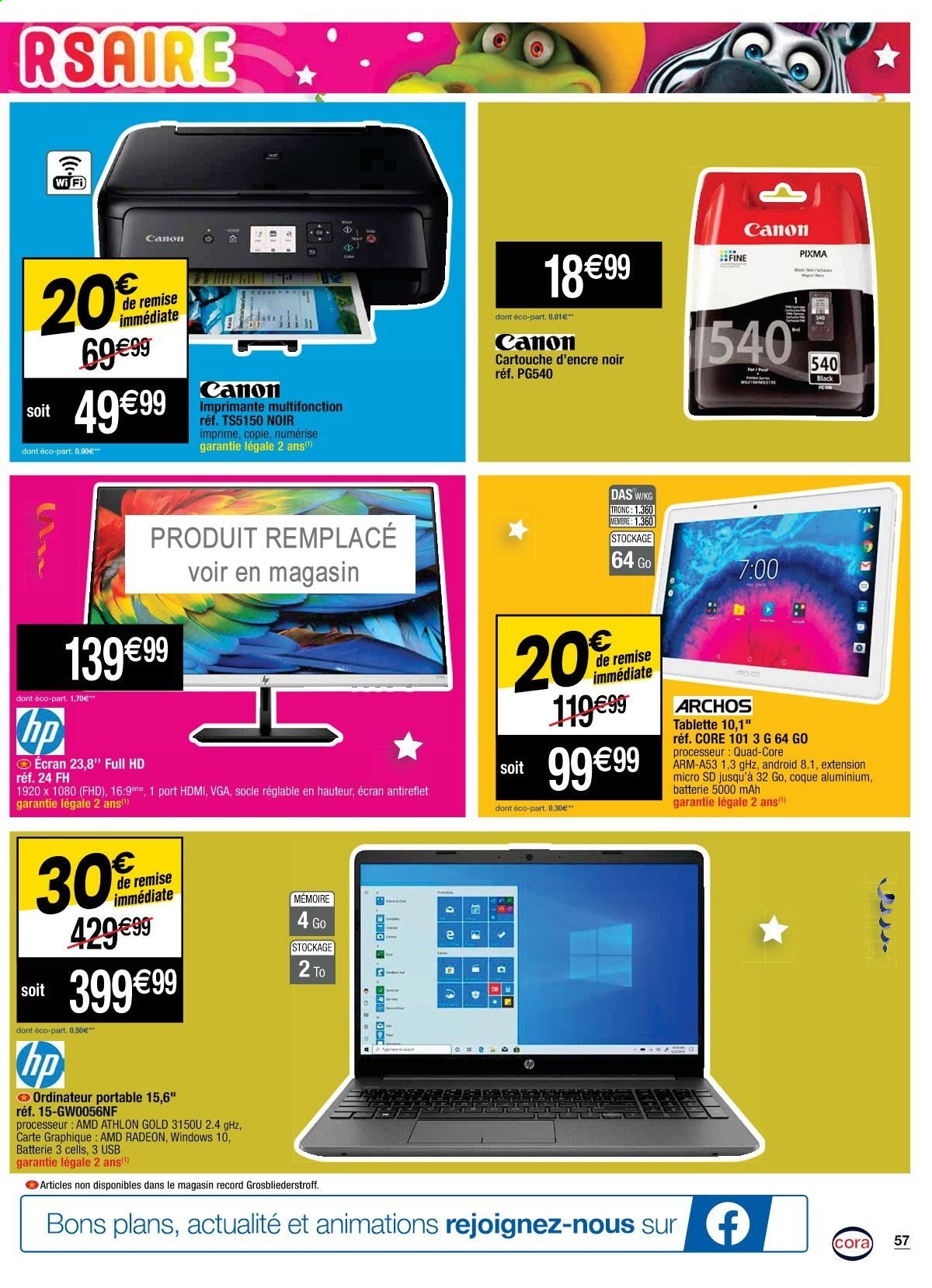 thumbnail - Catalogue Cora - 20/04/2021 - 26/04/2021 - Produits soldés - Hewlett Packard, ordinateur, ordinateur portable, tablette, Canon, imprimante, cartouche jet. Page 57.
