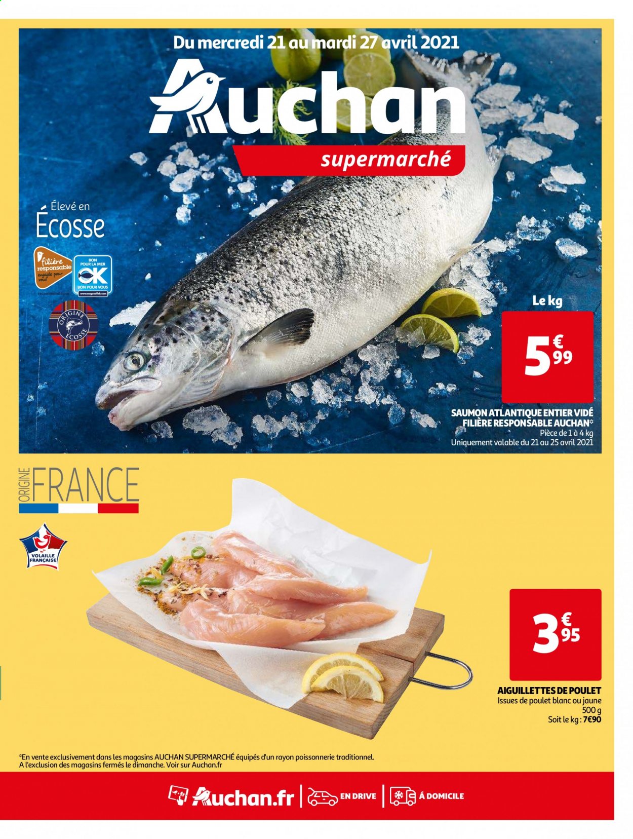 thumbnail - Catalogue Auchan - 21/04/2021 - 27/04/2021 - Produits soldés - viande de poulet, escalope de poulet, saumon. Page 1.