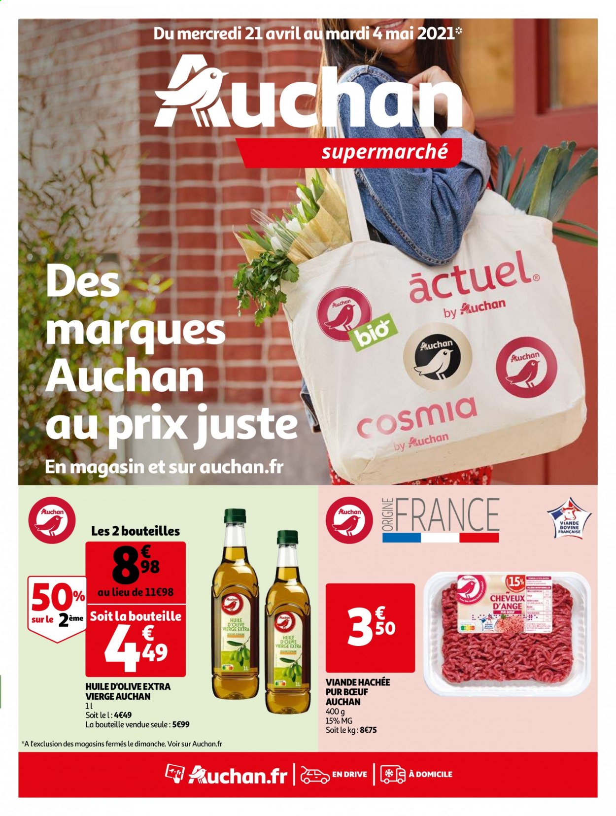 thumbnail - Catalogue Auchan - 21/04/2021 - 04/05/2021 - Produits soldés - viande hachée, huile, huile d'olive vierge extra, huile d'olive. Page 1.