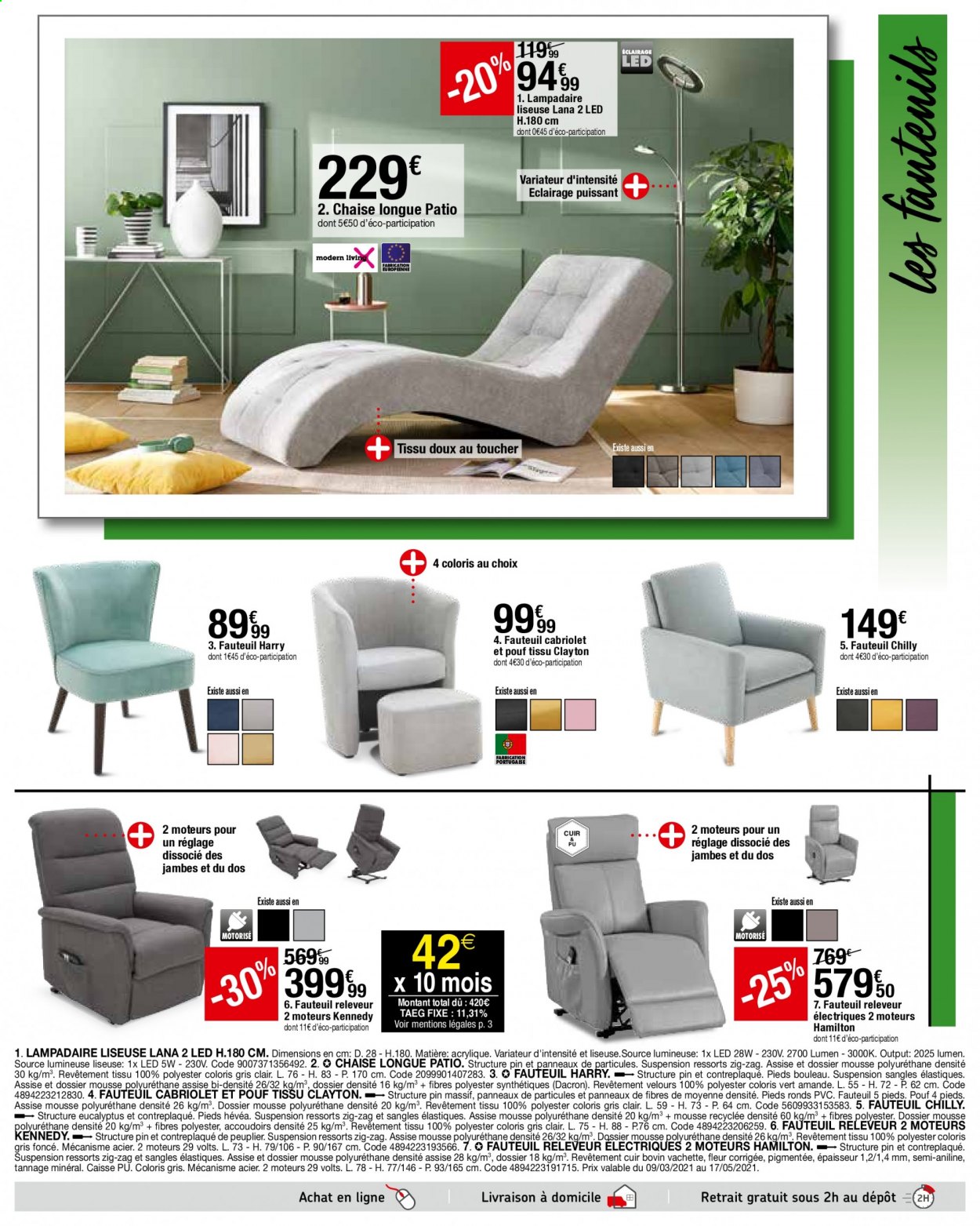 thumbnail - Catalogue BUT - 20/04/2021 - 17/05/2021 - Produits soldés - chaise, liseuse, fauteuil, pouf, chaise longue, lampadaire, fleur. Page 11.