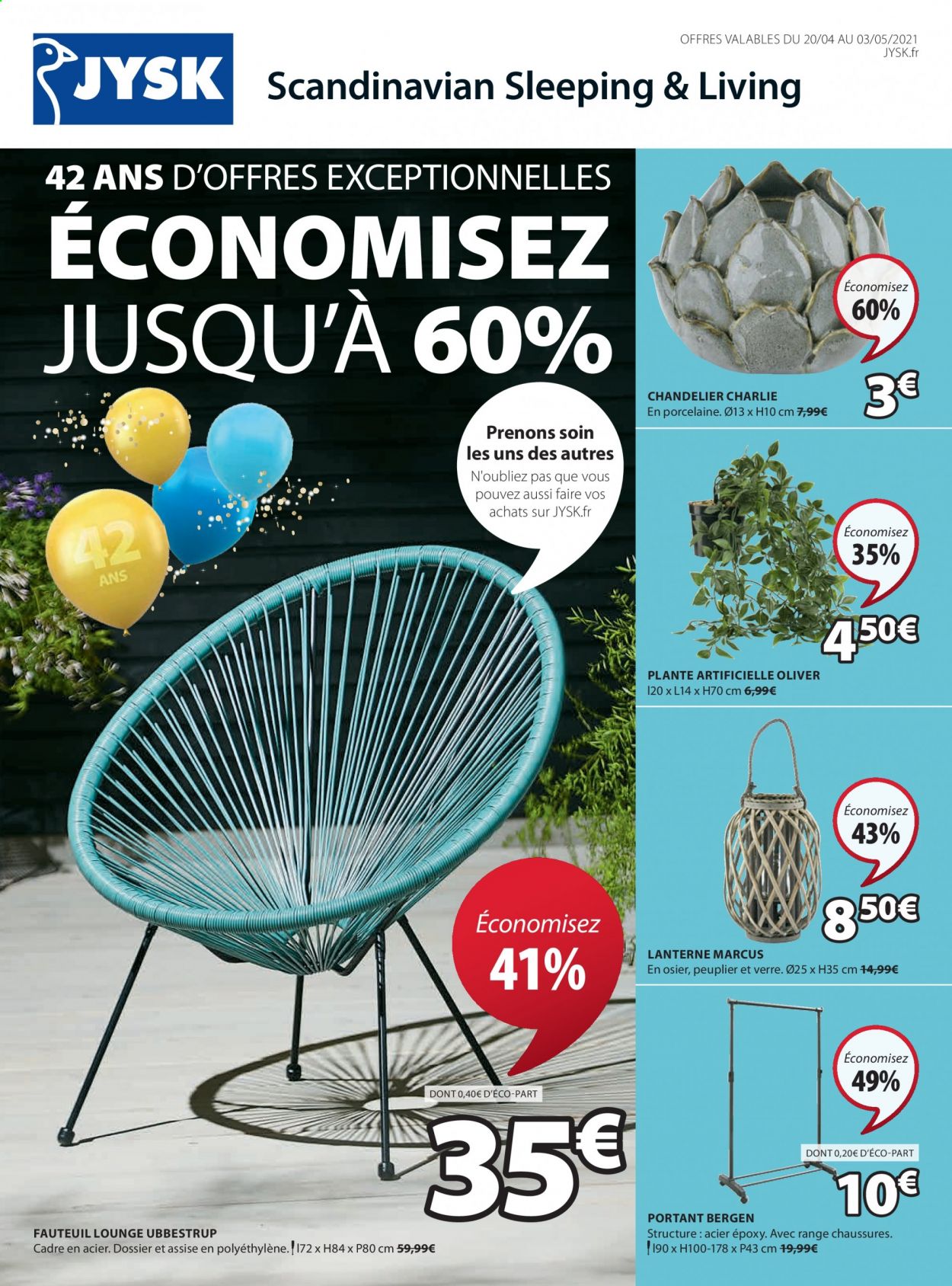 thumbnail - Catalogue JYSK - 20/04/2021 - 03/05/2021 - Produits soldés - verre, fauteuil, étagère à chaussures, portant, plante artificielle, chandelier, lanterne. Page 1.