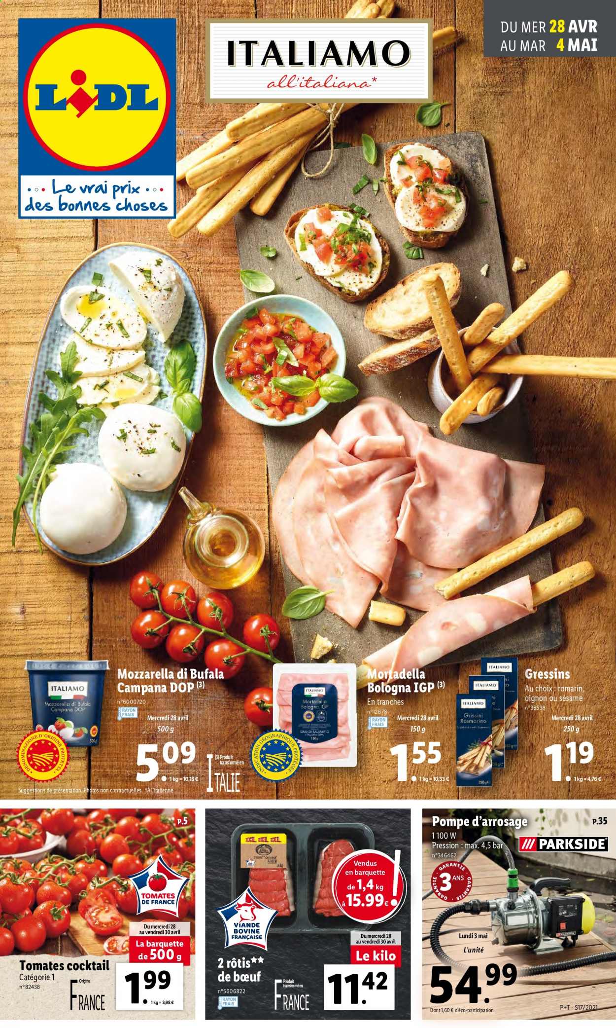thumbnail - Catalogue Lidl - 28/04/2021 - 04/05/2021 - Produits soldés - tomates, rôti de bœuf, mortadella, fromage, mozzarella, gressins. Page 1.