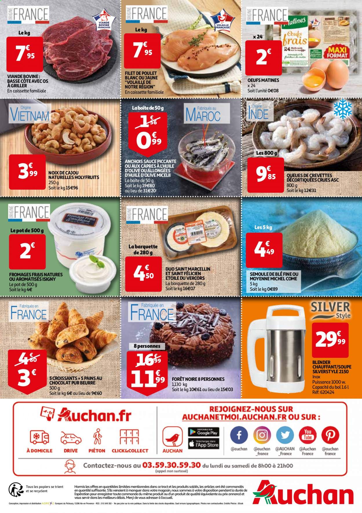 thumbnail - Catalogue Auchan - 21/04/2021 - 24/04/2021 - Produits soldés - croissant, pain au chocolat, filet de poulet, viande de poulet, crevettes, Saint Marcellin, œufs, anchois, noix de cajou, blender, blender chauffant. Page 2.