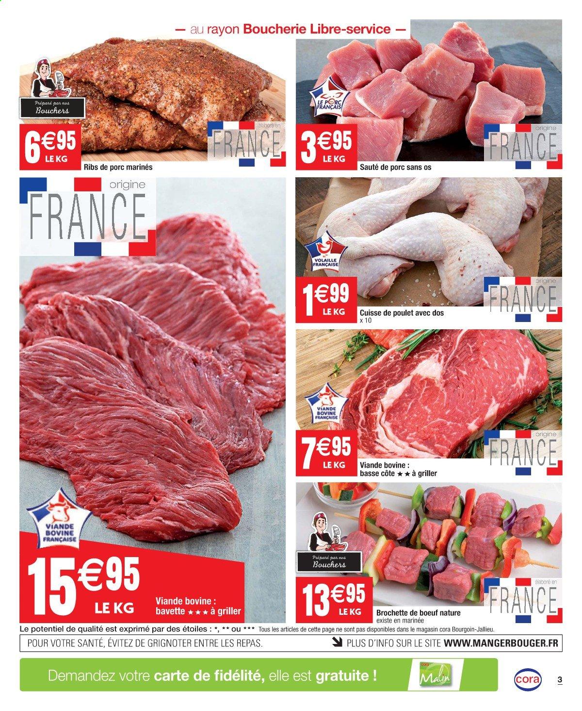 thumbnail - Catalogue Cora - 27/04/2021 - 03/05/2021 - Produits soldés - côtes de porc, sauté de porc, viande de porc, viande de poulet, cuisse de poulet. Page 3.