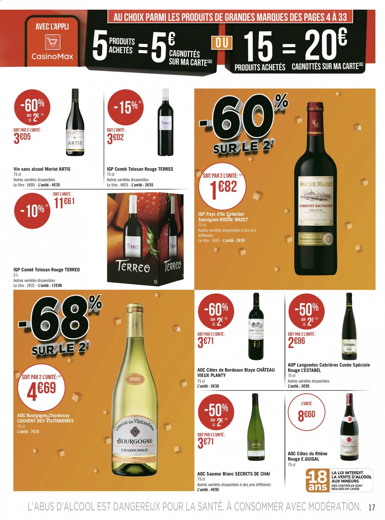 thumbnail - Catalogue Géant Casino - 26/04/2021 - 09/05/2021 - Produits soldés - Bordeaux, Côtes du Rhône, champagne, vin rouge, vin, Cabernet Sauvignon. Page 17.