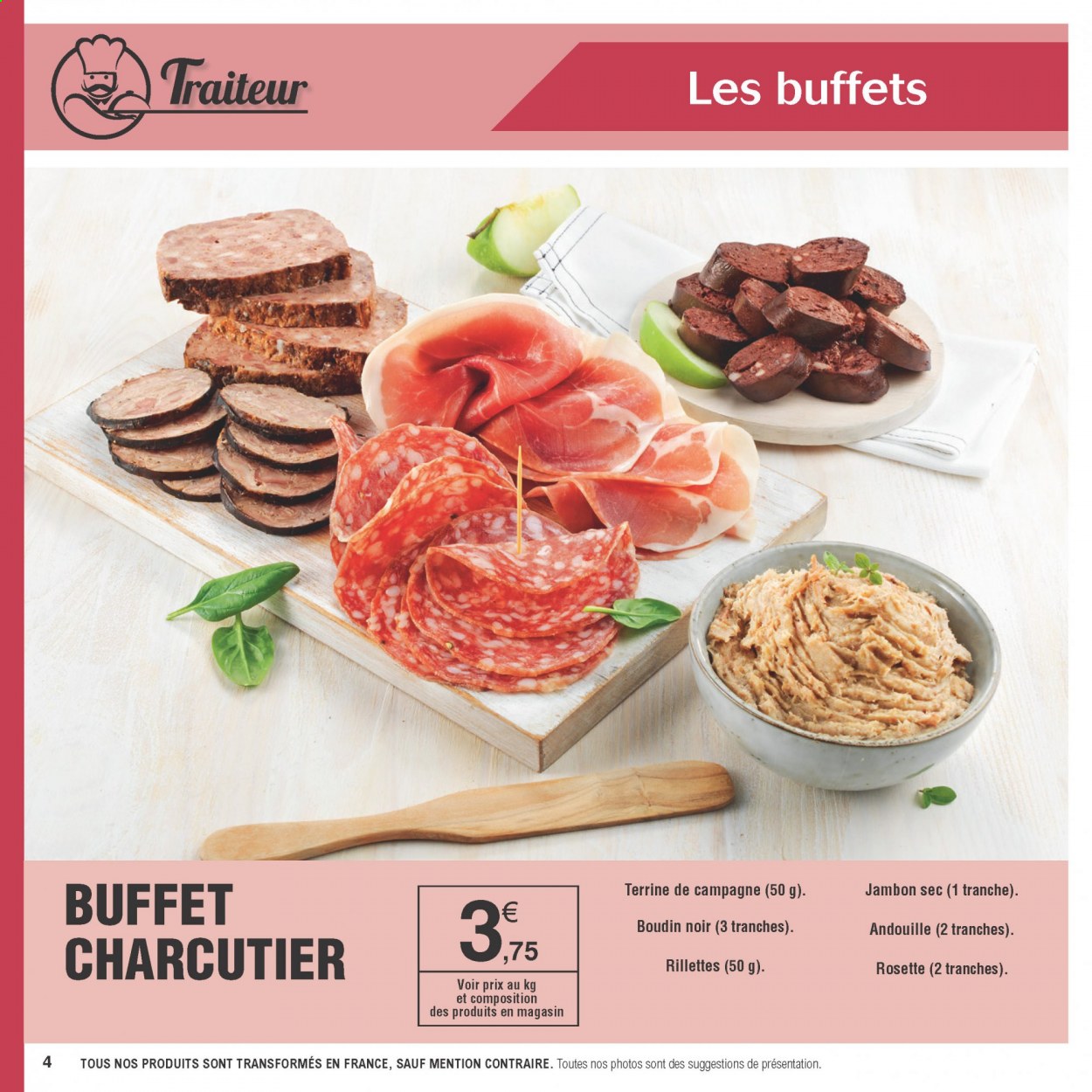 thumbnail - Catalogue E.Leclerc - Produits soldés - rillettes, jambon, jambon sec, rosette, andouille, boudin de viande, boudin noir, terrine, buffet. Page 4.