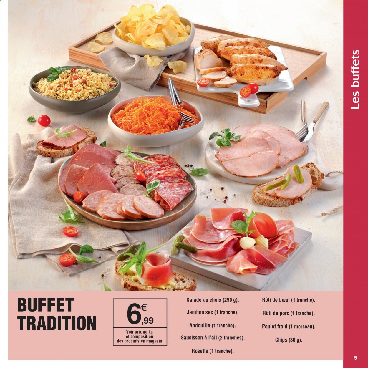 thumbnail - Catalogue E.Leclerc - Produits soldés - rôti de porc, viande de porc, salade, jambon sec, rosette, andouille, saucisson, chips, buffet. Page 5.